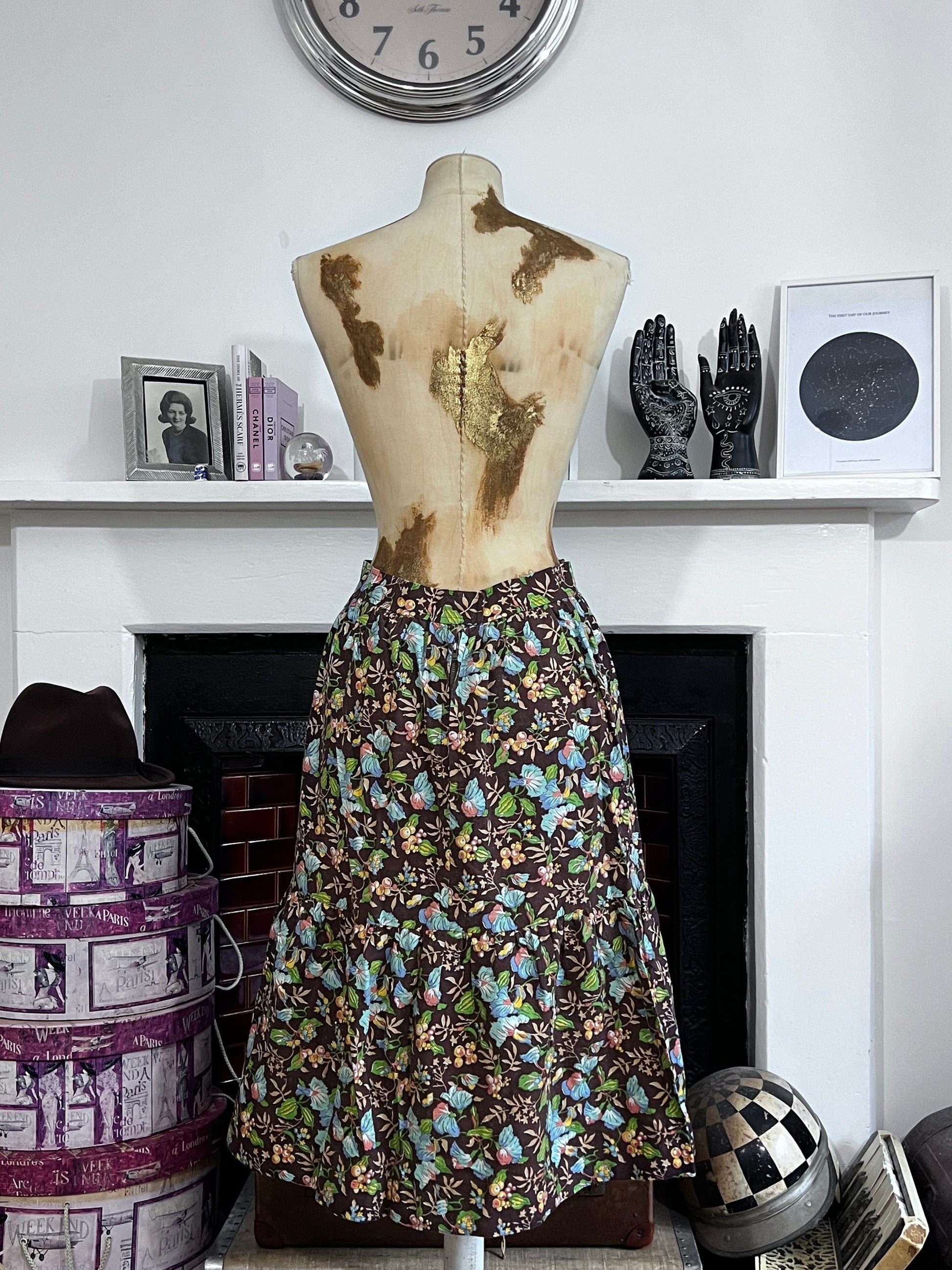 Vintage Skirt Brown Floral Leaf Liberty Fabric Handmade Skirt knee Length Blue Brown Green Floral Vintage Libert fabric handmade skirt 1970