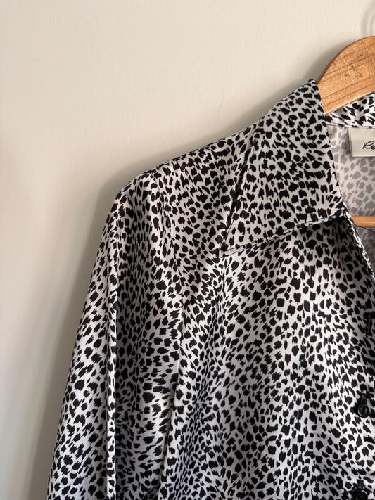 Vintage Style Report Animal Print Blouse | Black White Leopard Shirt | 90s Statement Blouse | UK 14
