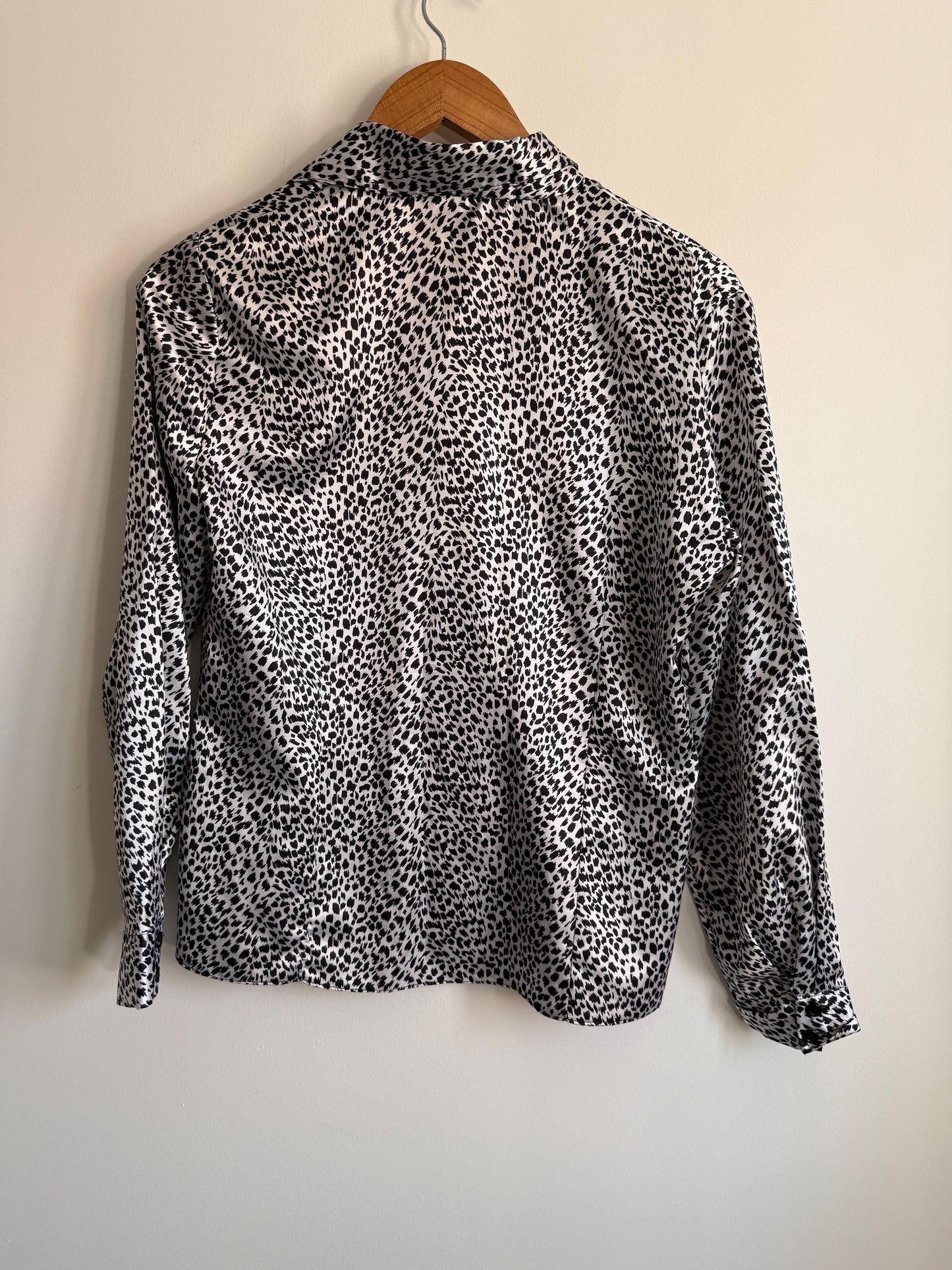 Vintage Style Report Animal Print Blouse | Black White Leopard Shirt | 90s Statement Blouse | UK 14