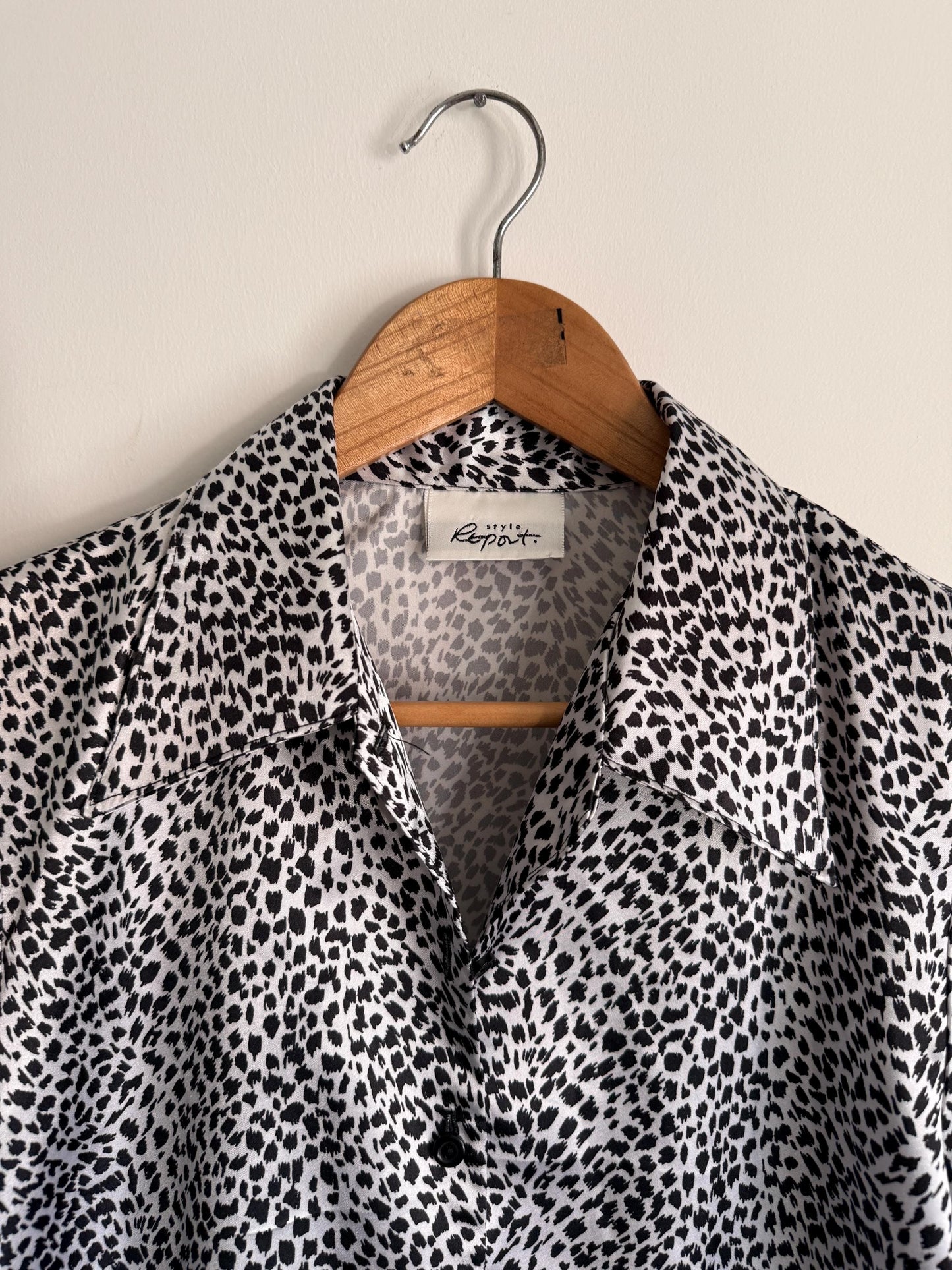 Vintage Style Report Animal Print Blouse | Black White Leopard Shirt | 90s Statement Blouse | UK 14