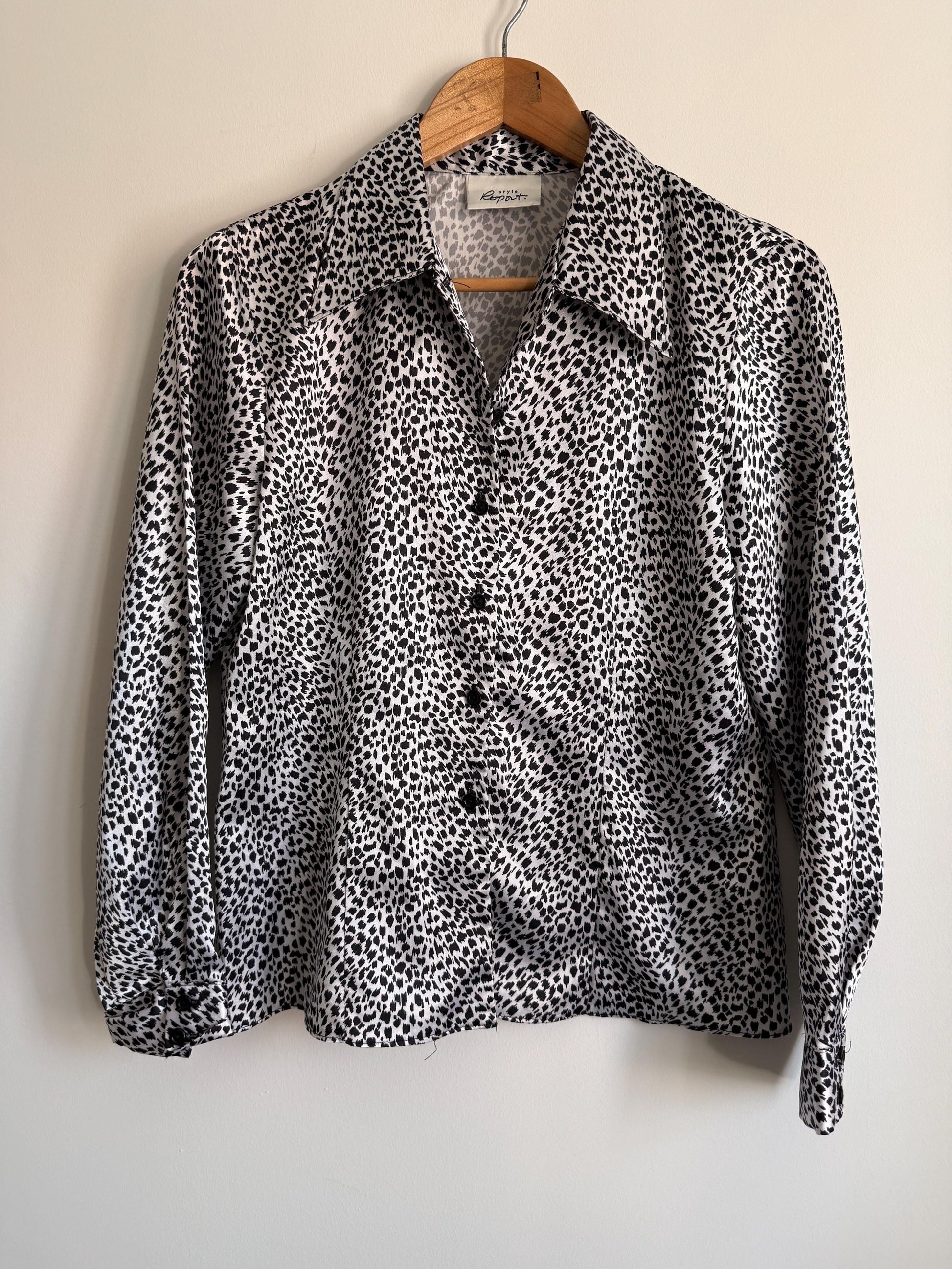 Vintage Style Report Animal Print Blouse | Black White Leopard Shirt | 90s Statement Blouse | UK 14