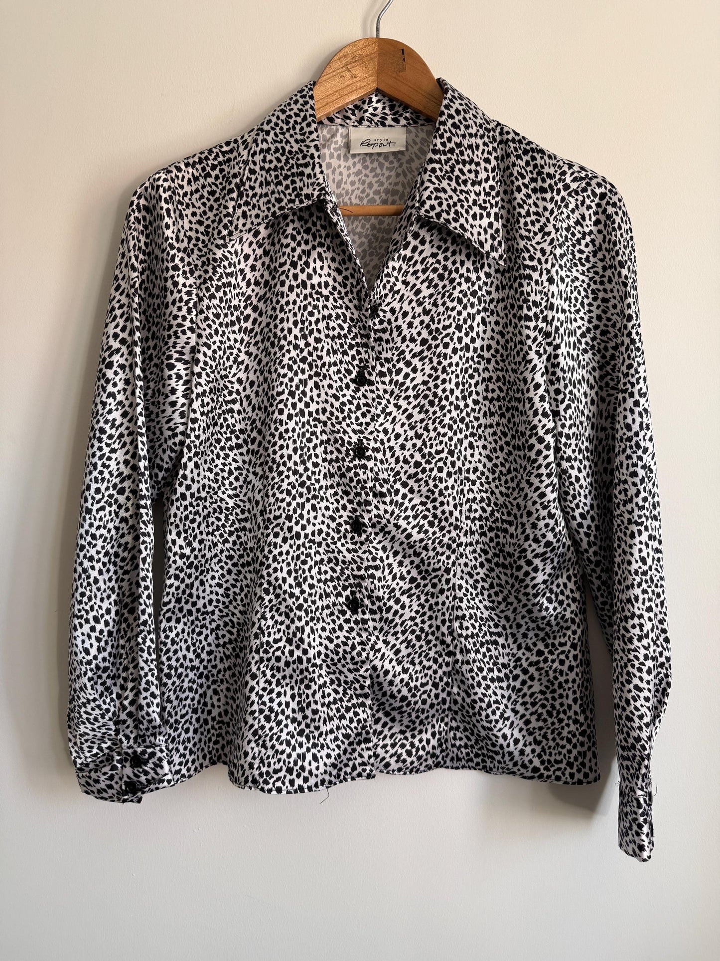 Vintage Style Report Animal Print Blouse | Black White Leopard Shirt | 90s Statement Blouse | UK 14