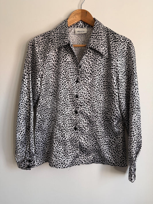 Vintage Style Report Animal Print Blouse | Black White Leopard Shirt | 90s Statement Blouse | UK 14