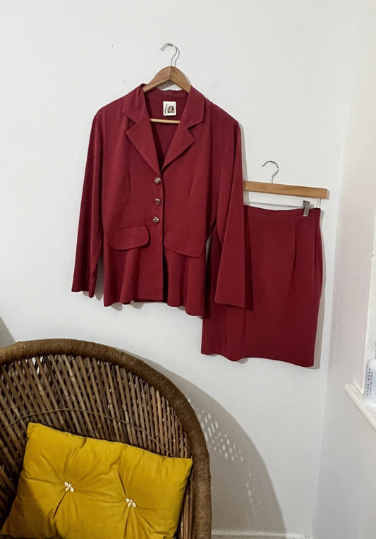 Deep Coral cotton Mix 80s Skirt Suit - Skirt and blazer Size 8-10