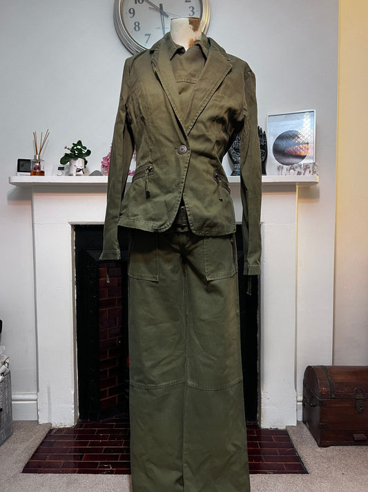 Vintage Suit Needle Cord Green Three Piece Jacket, Zip Flared Trousers, Asymmetric Zip Waistcoat Khaki Green Vintage Zara Basic 1990s