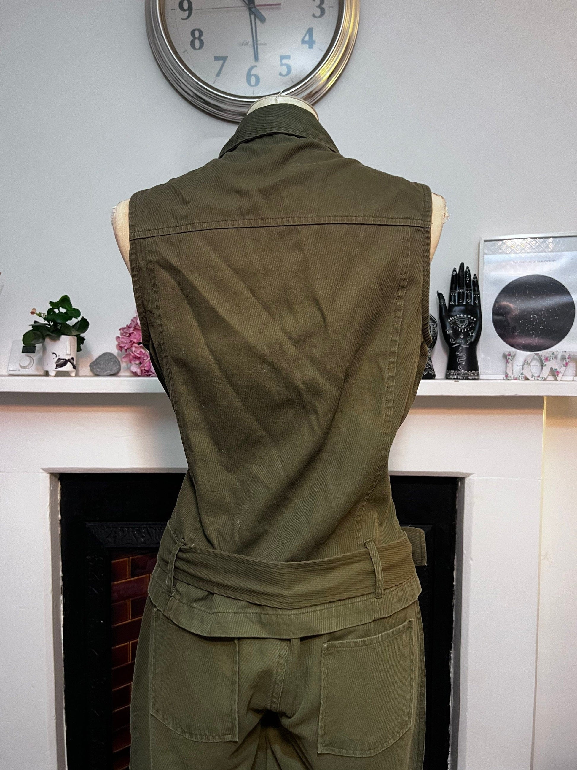 Vintage Suit Needle Cord Green Three Piece Jacket, Zip Flared Trousers, Asymmetric Zip Waistcoat Khaki Green Vintage Zara Basic 1990s
