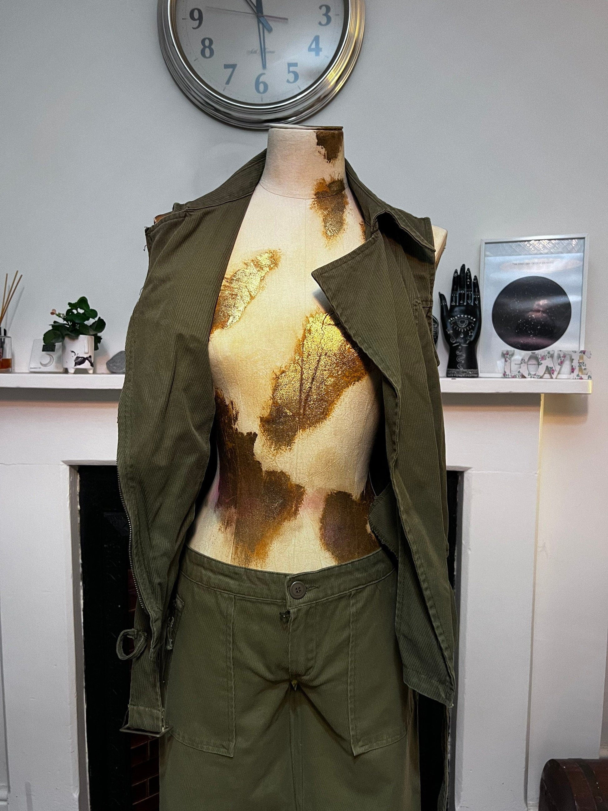 Vintage Suit Needle Cord Green Three Piece Jacket, Zip Flared Trousers, Asymmetric Zip Waistcoat Khaki Green Vintage Zara Basic 1990s