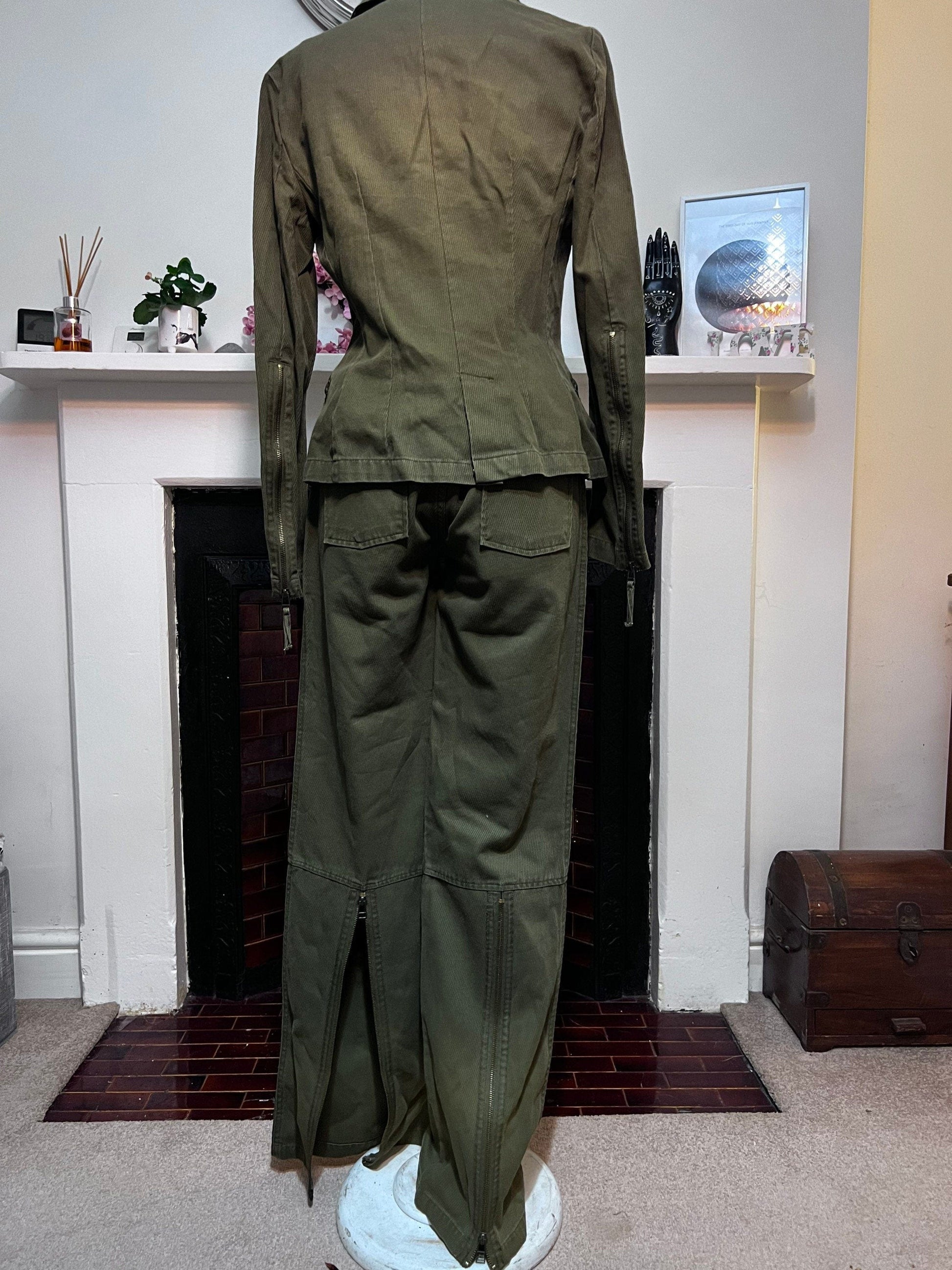 Vintage Suit Needle Cord Green Three Piece Jacket, Zip Flared Trousers, Asymmetric Zip Waistcoat Khaki Green Vintage Zara Basic 1990s