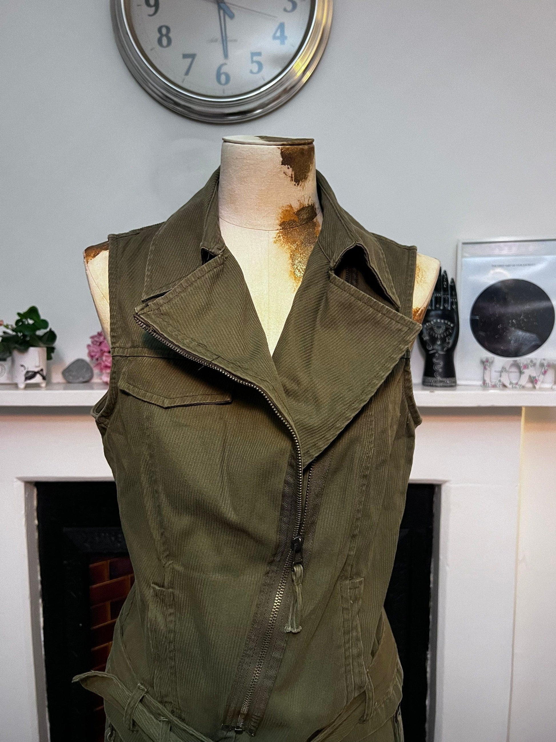 Vintage Suit Needle Cord Green Three Piece Jacket, Zip Flared Trousers, Asymmetric Zip Waistcoat Khaki Green Vintage Zara Basic 1990s