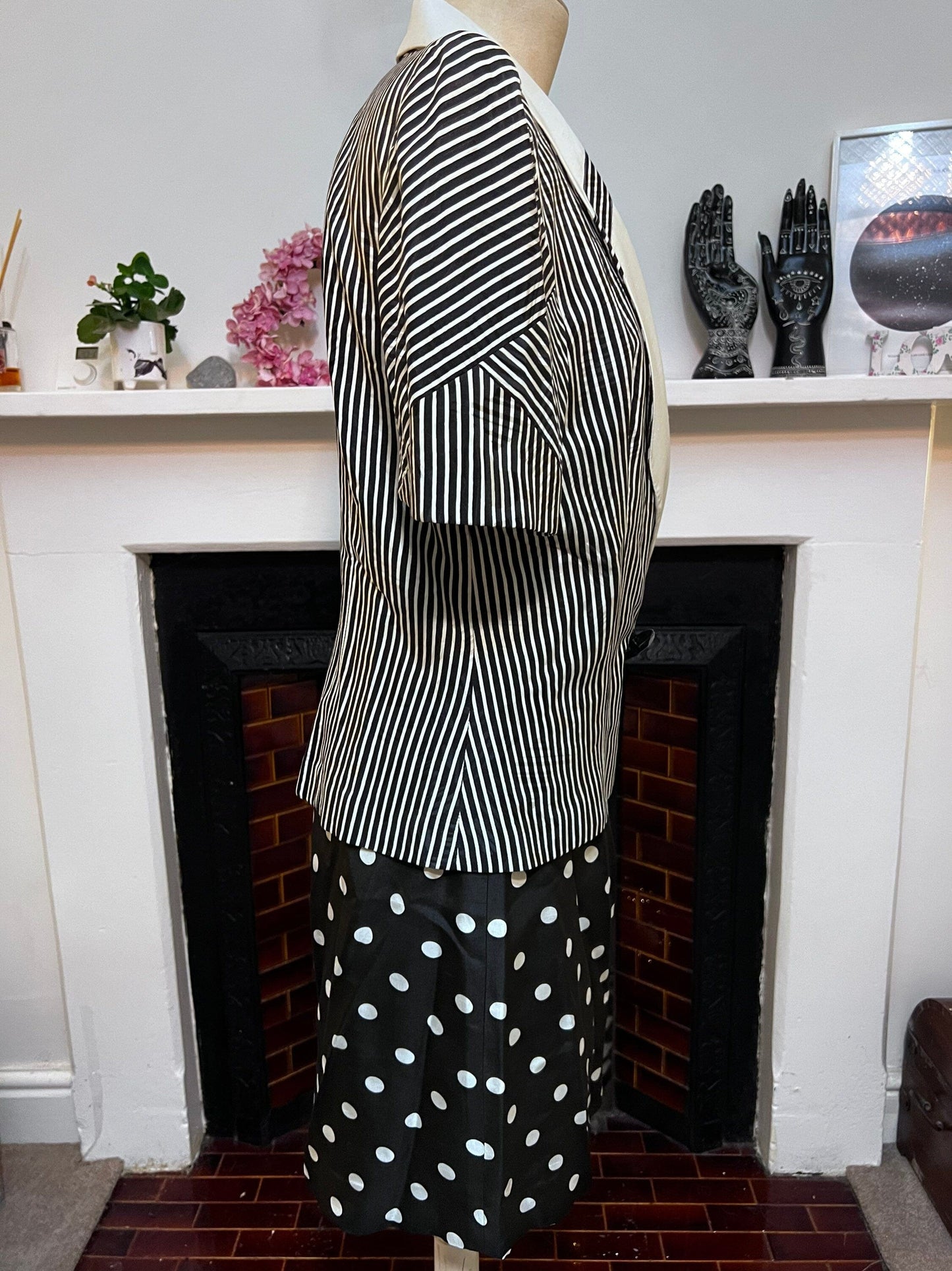 Vintage Suit 80s Ladies Silk Skirt Suit Polka Dot Skirt and Double Breasted Stripe Jacket Statement Buttons 1980s Raul Blanco New York