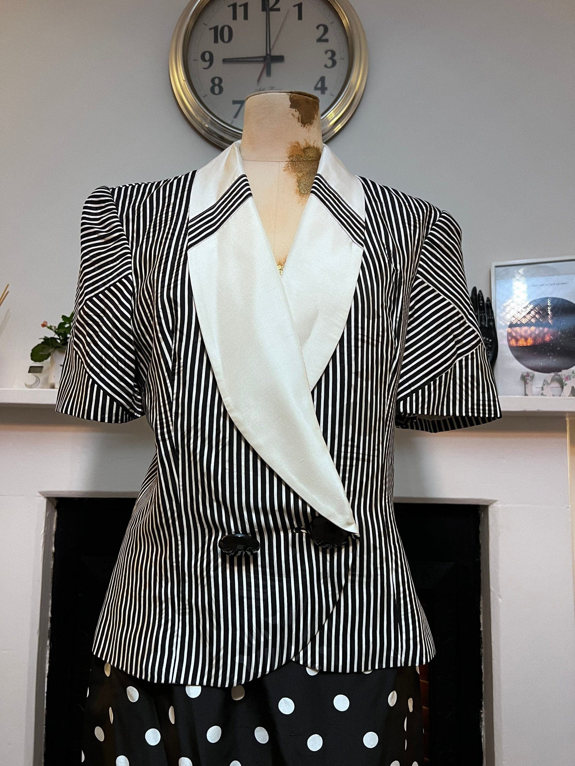 Vintage Suit 80s Ladies Silk Skirt Suit Polka Dot Skirt and Double Breasted Stripe Jacket Statement Buttons 1980s Raul Blanco New York