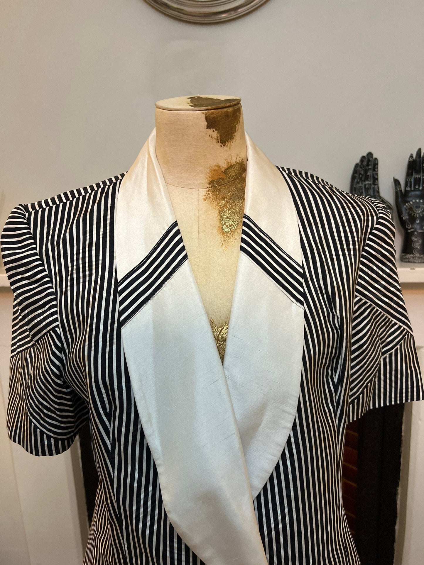 Vintage Suit 80s Ladies Silk Skirt Suit Polka Dot Skirt and Double Breasted Stripe Jacket Statement Buttons 1980s Raul Blanco New York