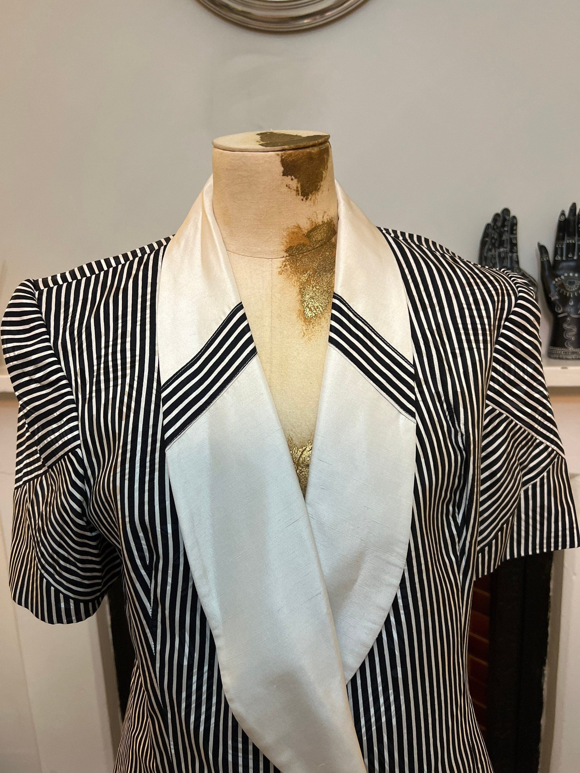 Vintage Suit 80s Ladies Silk Skirt Suit Polka Dot Skirt and Double Breasted Stripe Jacket Statement Buttons 1980s Raul Blanco New York