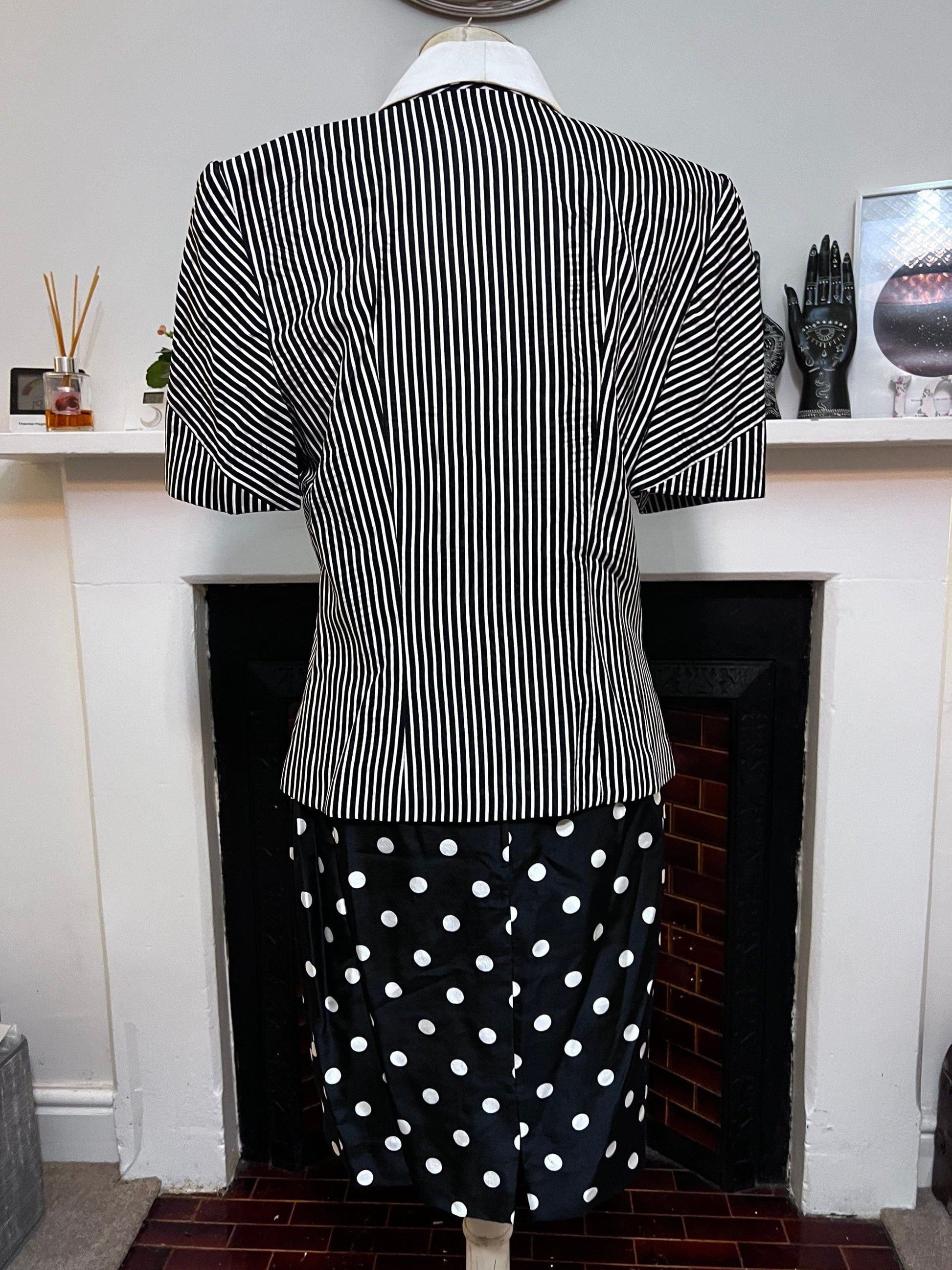 Vintage Suit 80s Ladies Silk Skirt Suit Polka Dot Skirt and Double Breasted Stripe Jacket Statement Buttons 1980s Raul Blanco New York