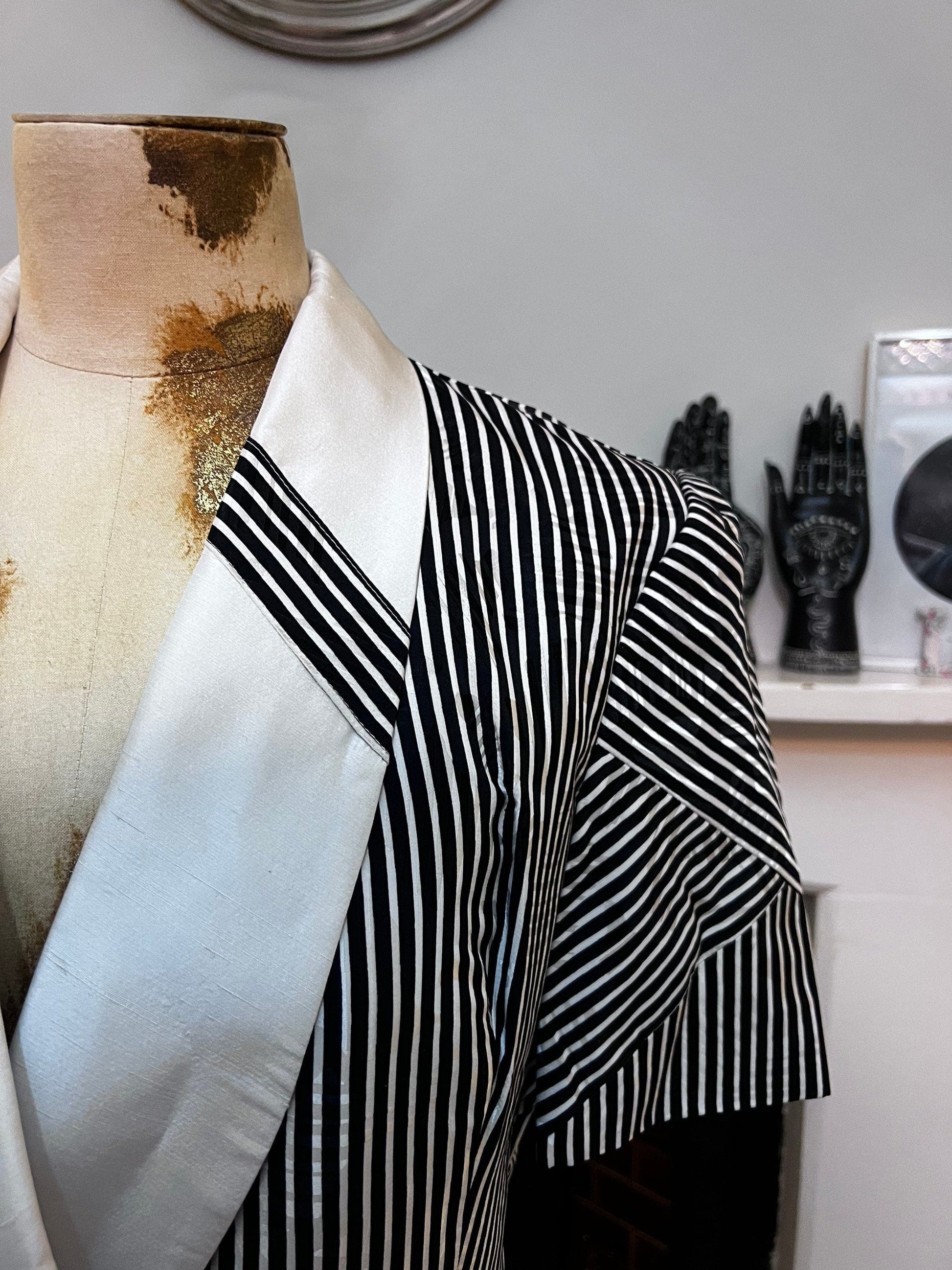 Vintage Suit 80s Ladies Silk Skirt Suit Polka Dot Skirt and Double Breasted Stripe Jacket Statement Buttons 1980s Raul Blanco New York