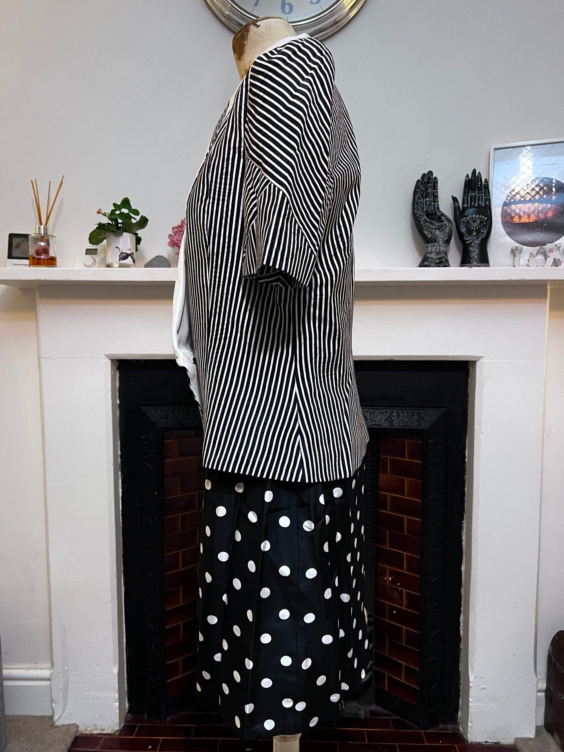 Vintage Suit 80s Ladies Silk Skirt Suit Polka Dot Skirt and Double Breasted Stripe Jacket Statement Buttons 1980s Raul Blanco New York