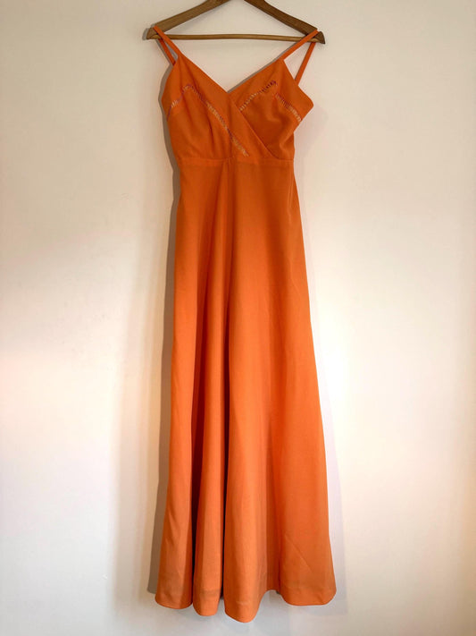 Vintage Susan Small Orange Maxi Dress | 1970s Strappy Evening Dress | Cutwork Bodice Size 10