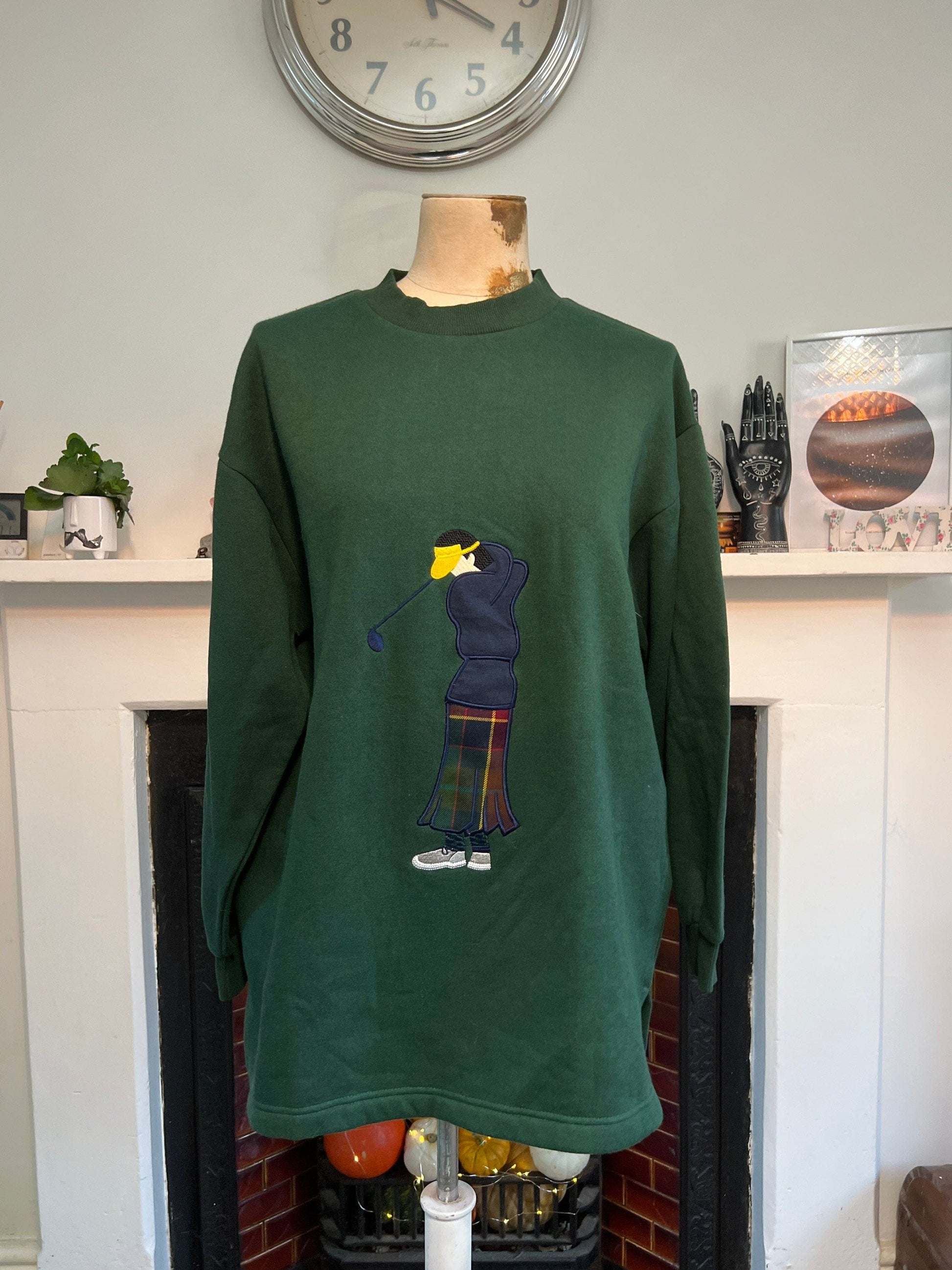 Vintage Oversized Gold Sweatshirt Deep Green Golf Sweater Lady Laird UK12-UK18