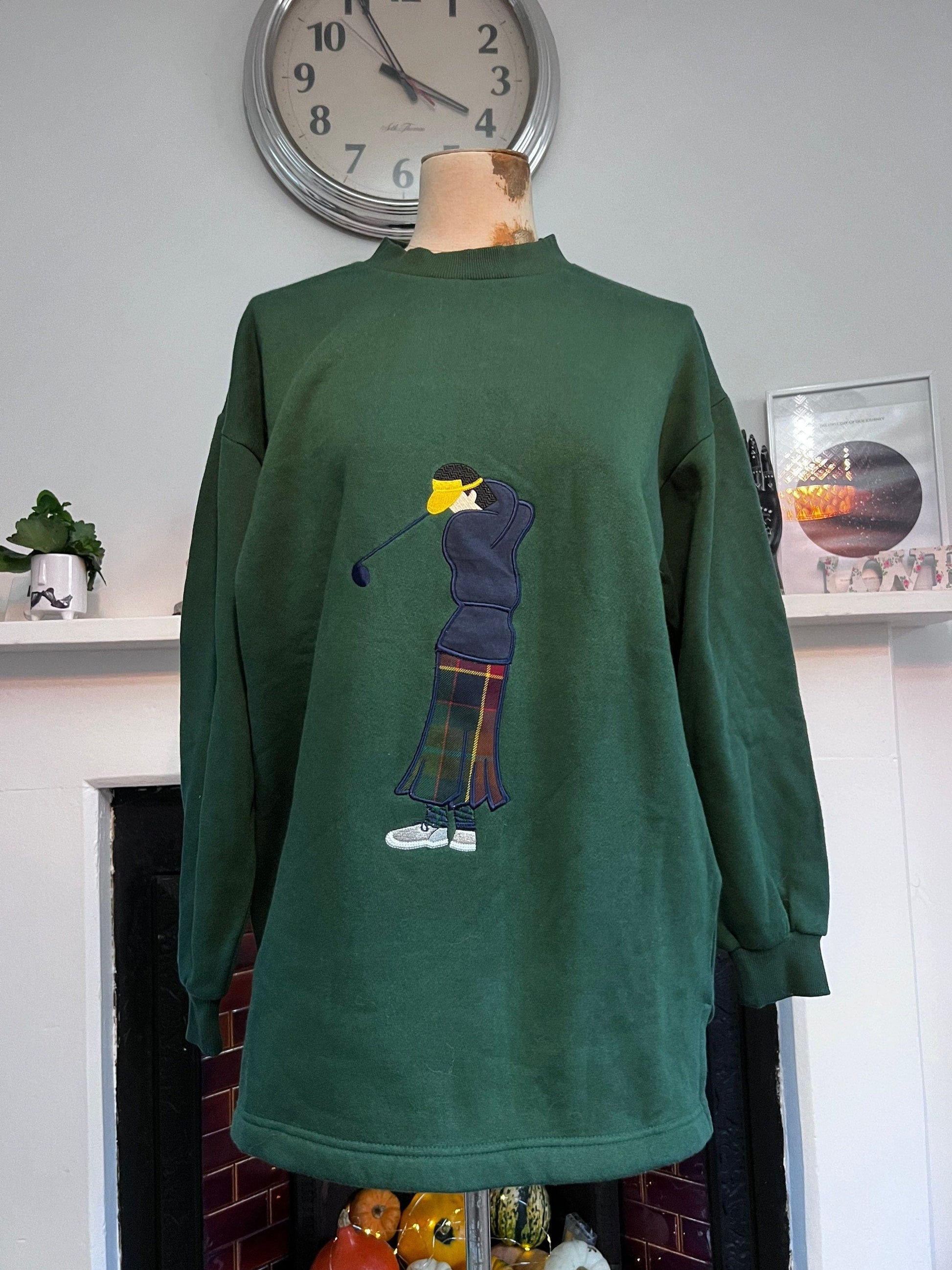 Vintage Oversized Gold Sweatshirt Deep Green Golf Sweater Lady Laird UK12-UK18