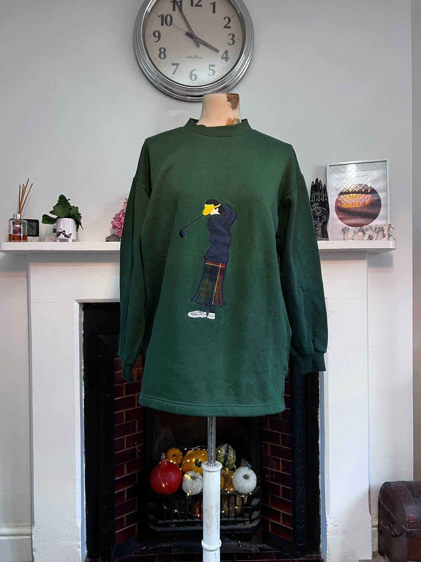 Vintage Oversized Gold Sweatshirt Deep Green Golf Sweater Lady Laird UK12-UK18