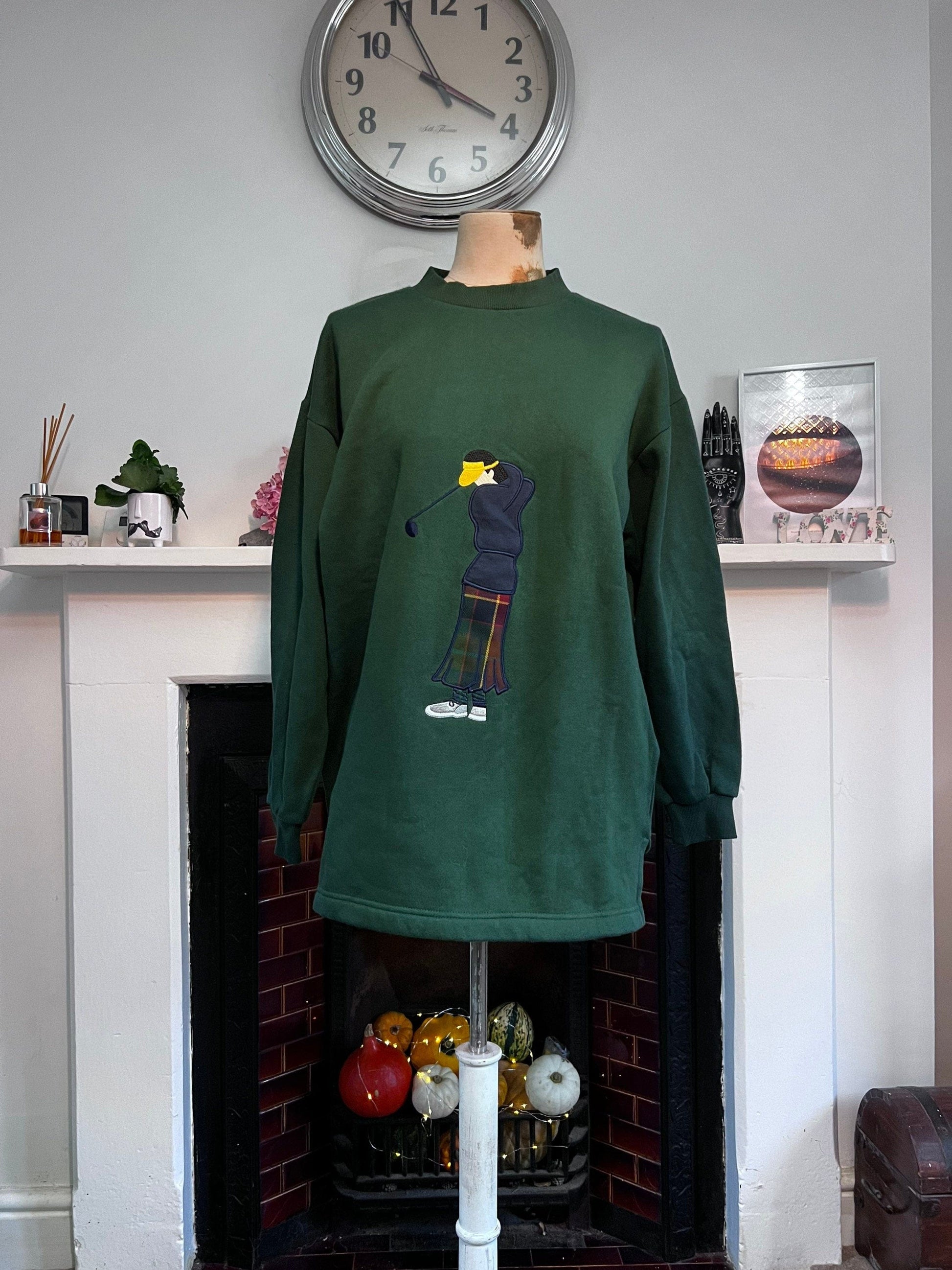 Vintage Oversized Gold Sweatshirt Deep Green Golf Sweater Lady Laird UK12-UK18