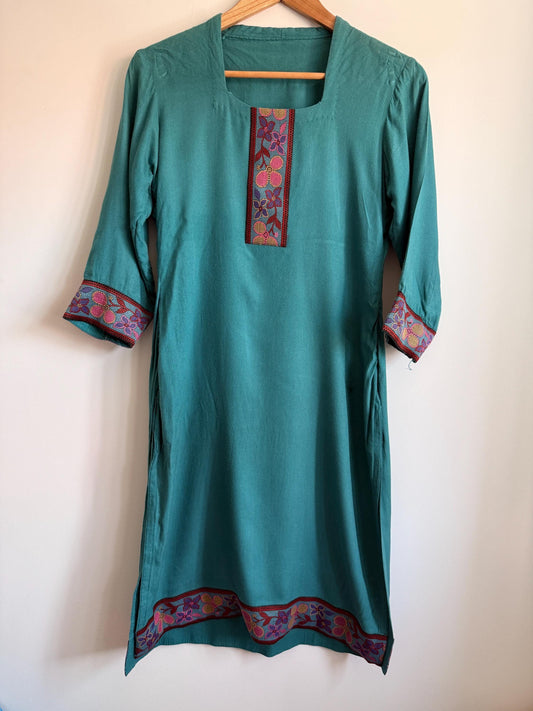 Vintage Embroidered Tunic Dress | Teal Cotton Dress | Boho Folk Dress | Embroidered Midi Dress | Festival Dress | UK 10 12
