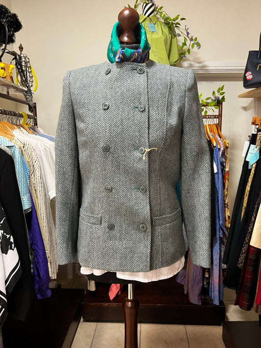 Vintage Green Tweed Blazer Collarless Double Breasted Jacket - Country Casuals
