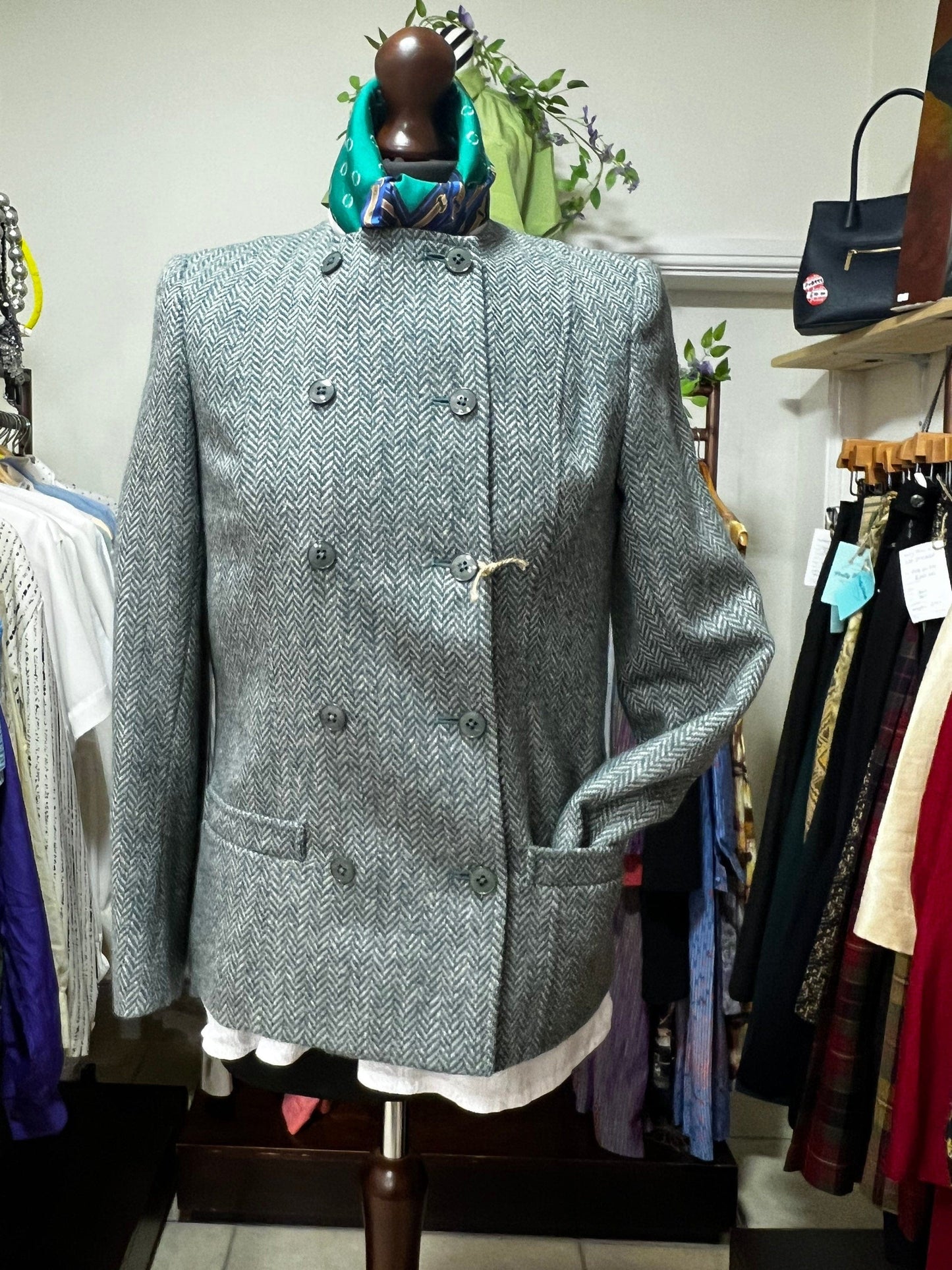 Vintage Green Tweed Blazer Collarless Double Breasted Jacket - Country Casuals