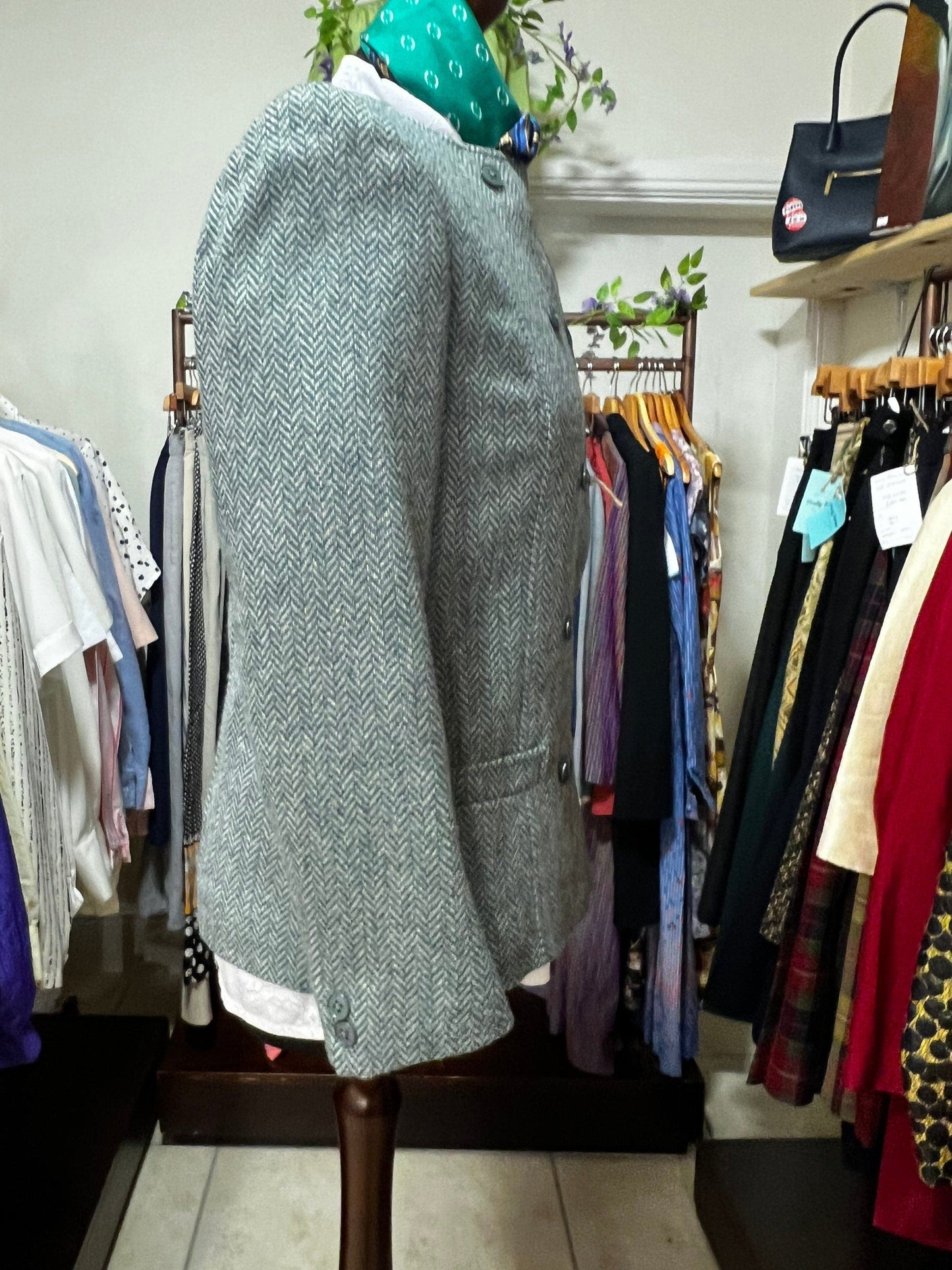 Vintage Green Tweed Blazer Collarless Double Breasted Jacket - Country Casuals