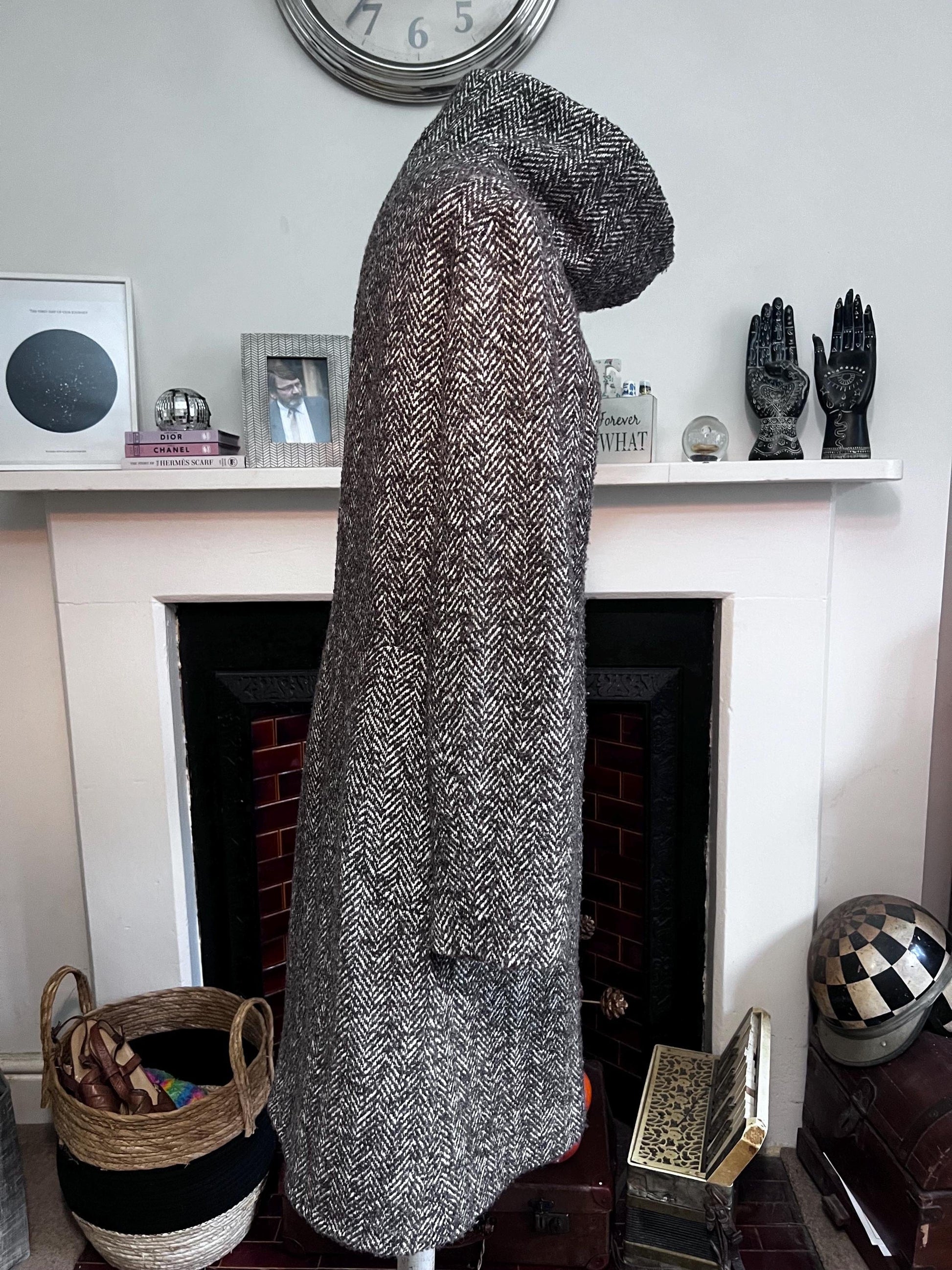 vintage tweed funnel neck coat two
style tweed hidden button coat brown tweed patch pockets