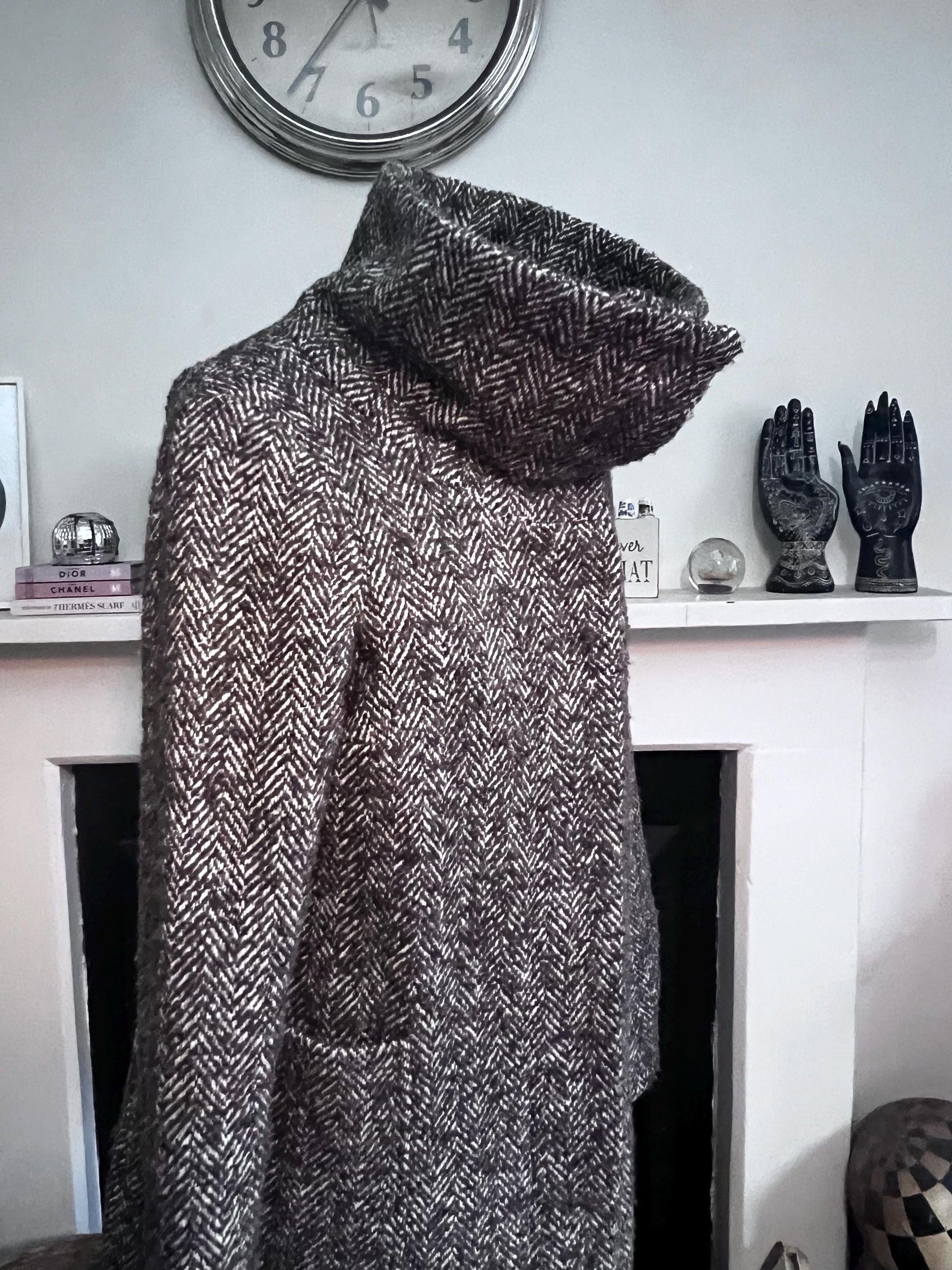 vintage tweed funnel neck coat two
style tweed hidden button coat brown tweed patch pockets