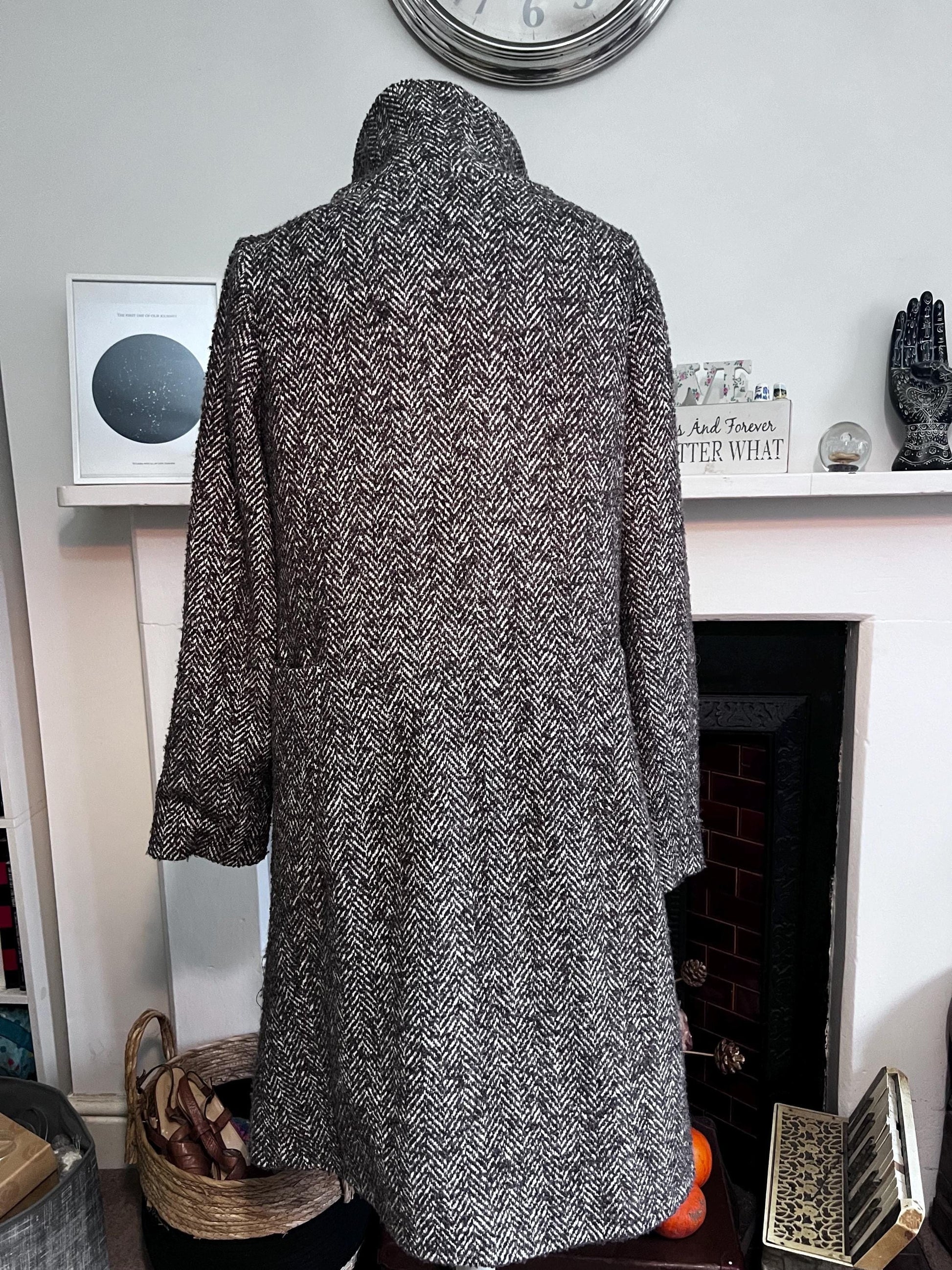 vintage tweed funnel neck coat two
style tweed hidden button coat brown tweed patch pockets