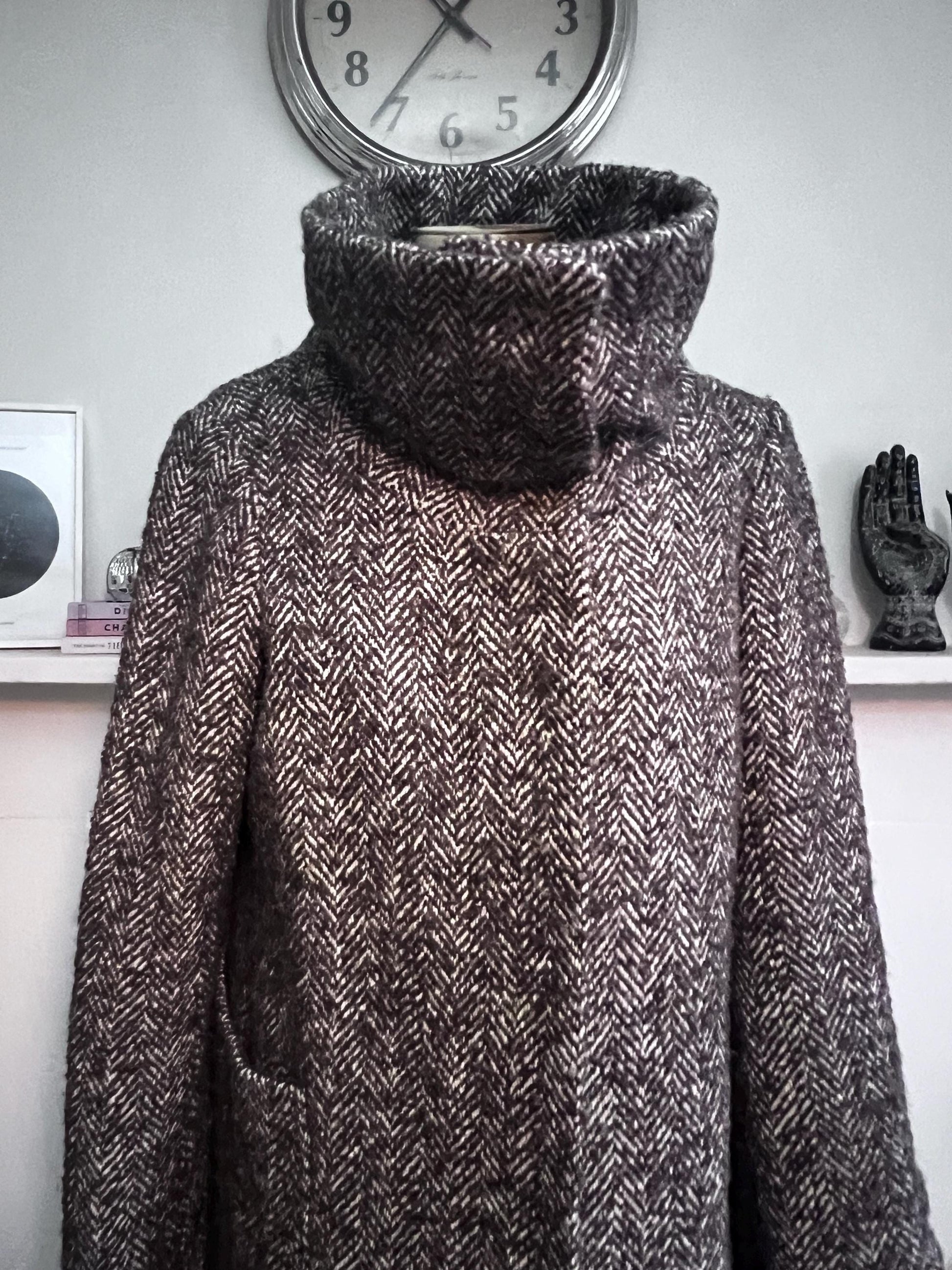 vintage tweed funnel neck coat two
style tweed hidden button coat brown tweed patch pockets
