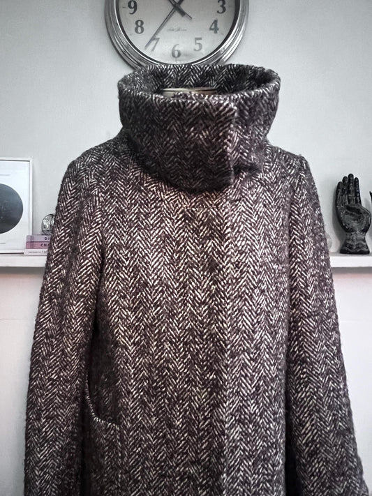 vintage tweed funnel neck coat two
style tweed hidden button coat brown tweed patch pockets