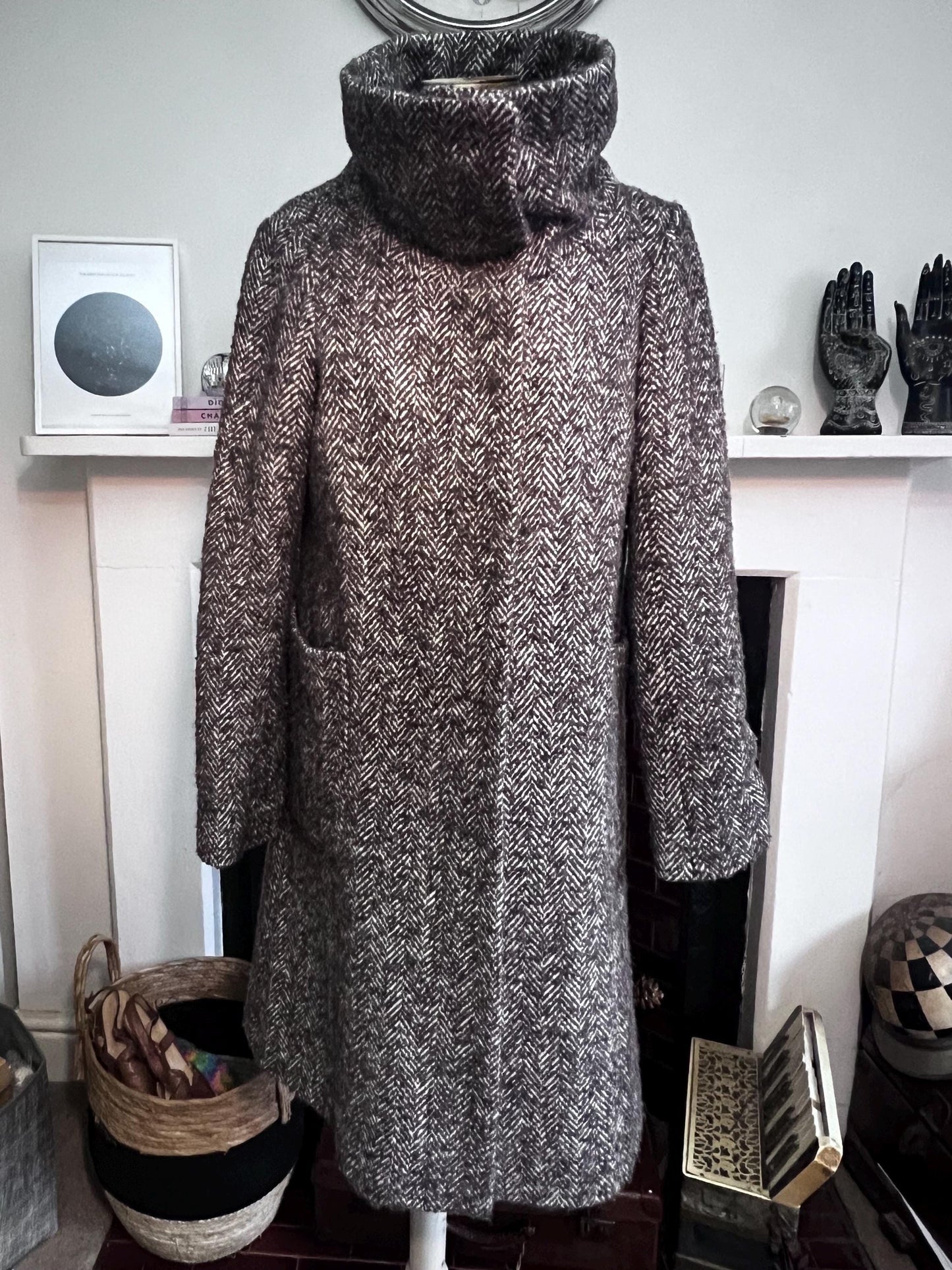 vintage tweed funnel neck coat two
style tweed hidden button coat brown tweed patch pockets