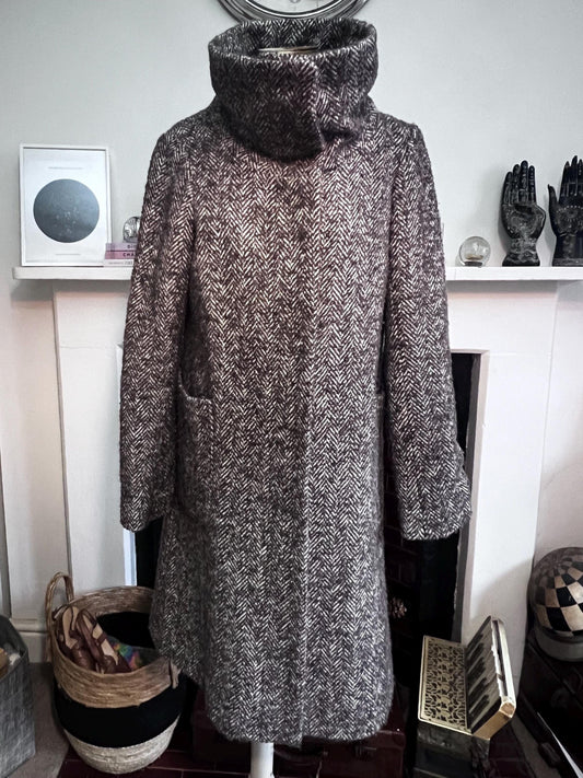 vintage tweed funnel neck coat two
style tweed hidden button coat brown tweed patch pockets