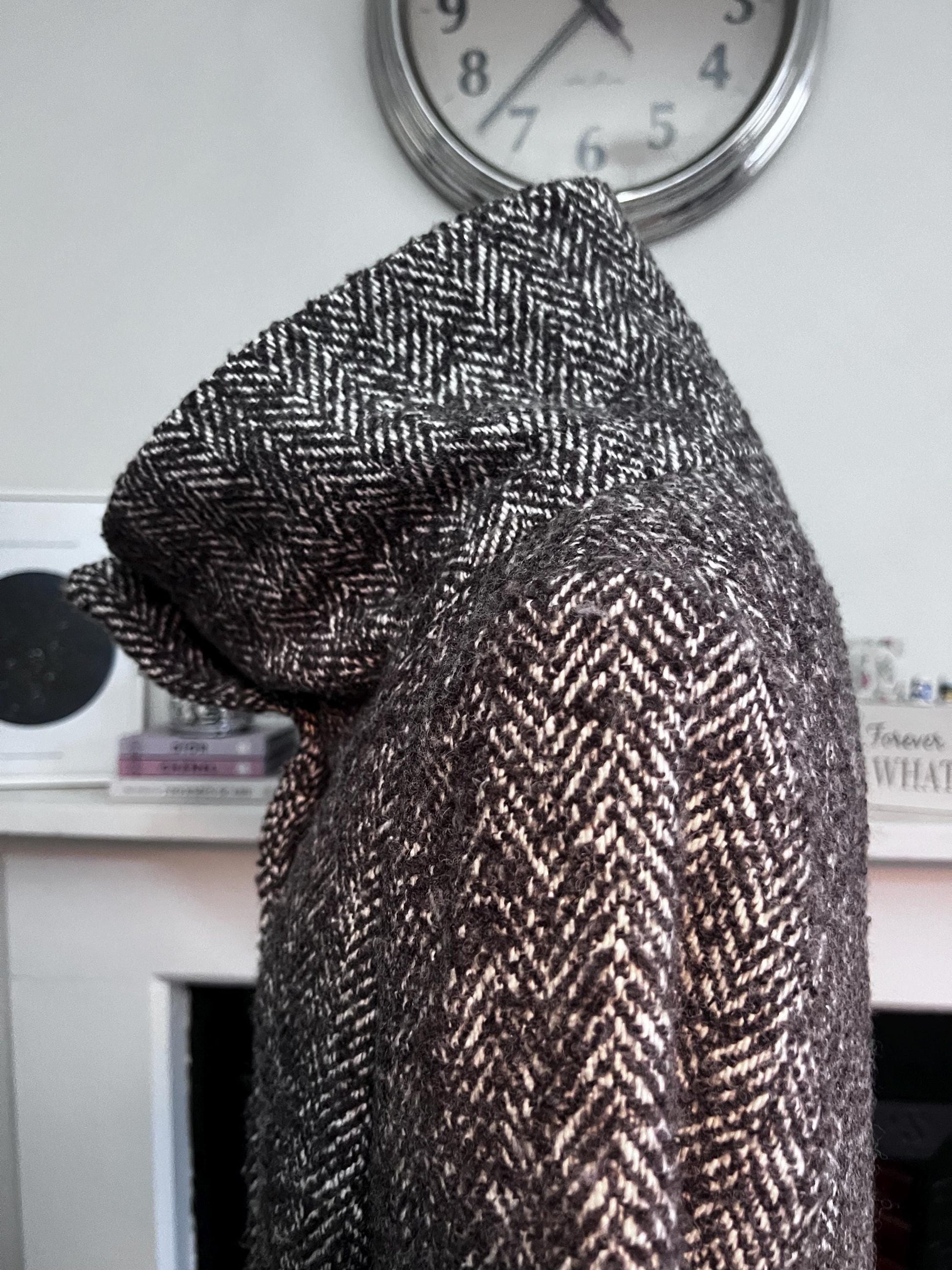 vintage tweed funnel neck coat two
style tweed hidden button coat brown tweed patch pockets