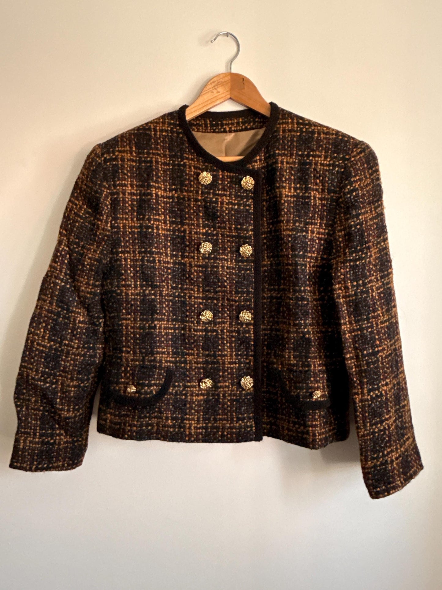Vintage Tweed Jacket | Gold Button Blazer | Chanel Inspired Cropped Jacket | Smart Tailored Jacket | Classic Vintage Womenswear