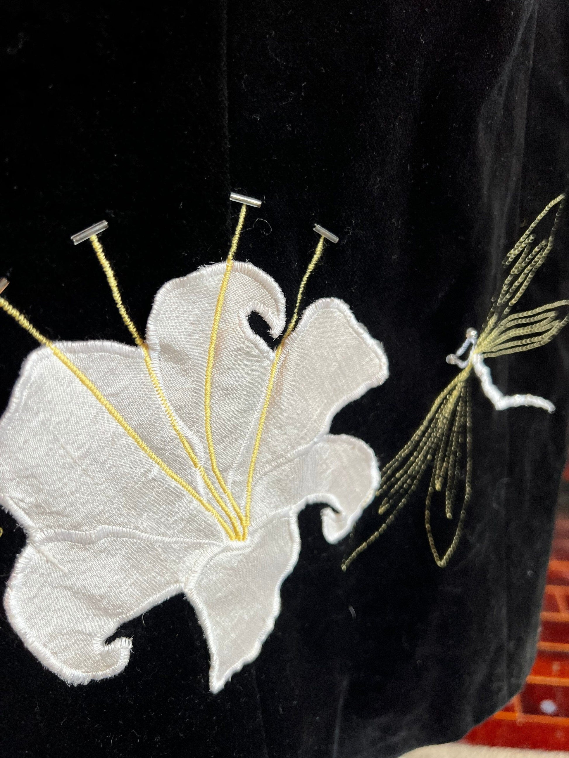 Vintage Velvet Skirt Midi Length Black With Lillies and Dragonfly patterns UK Size 8 - Needs New Zip