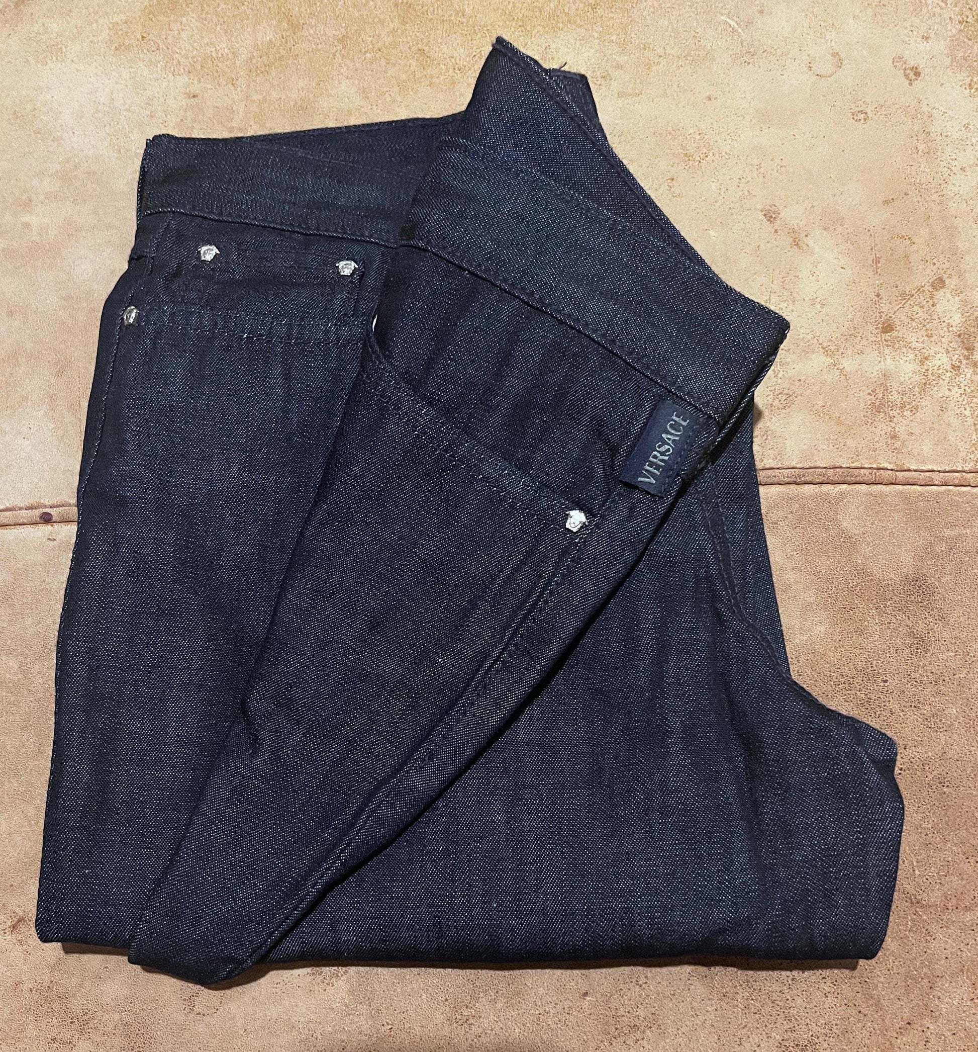 Vintage Versace Jeans Signature Couture Jeans in dark blue over-dye denim and turquoise green rhinestone to back pockets UK8-10 - Unworn