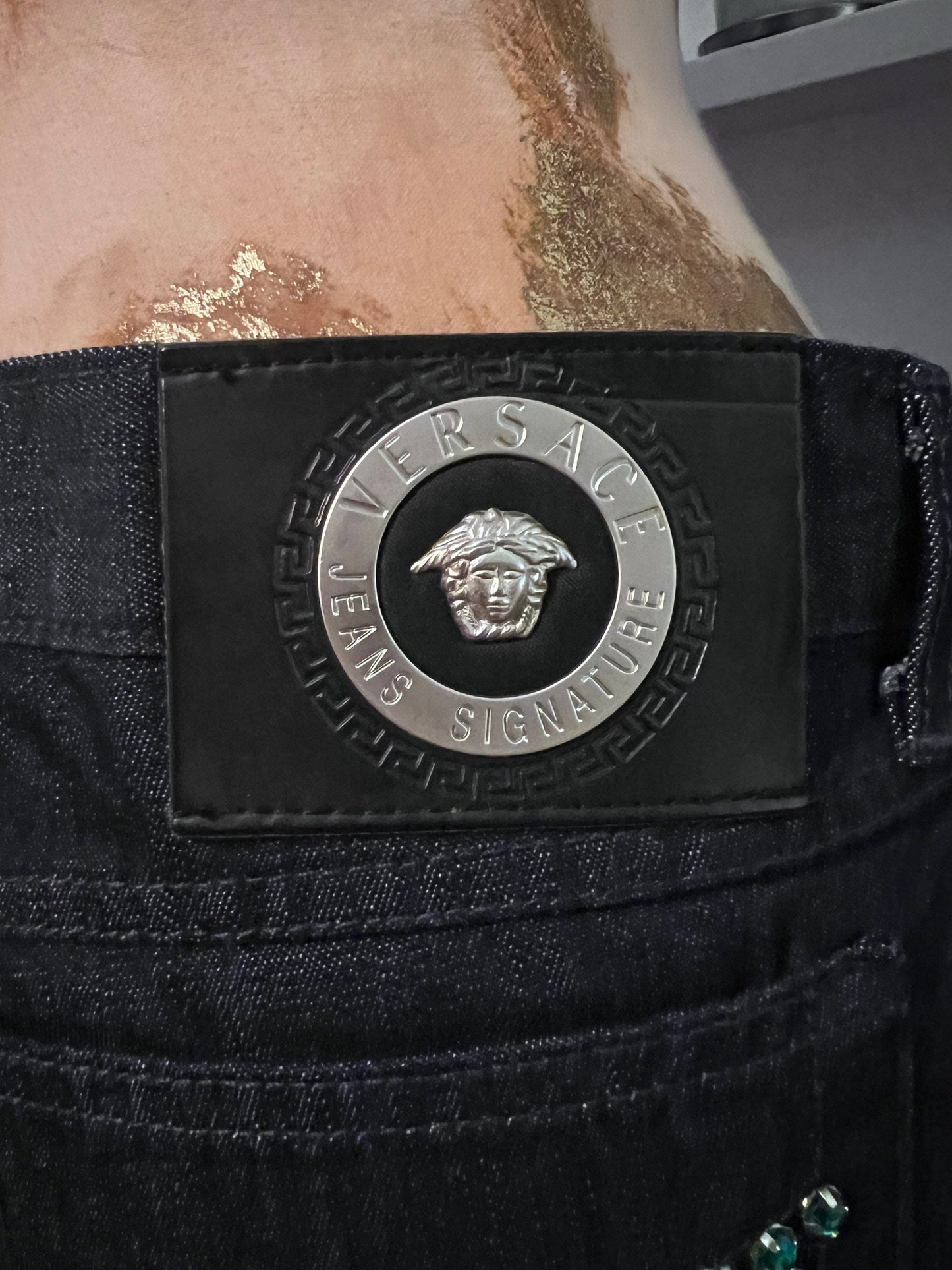 Vintage Versace Jeans Signature Couture Jeans in dark blue over-dye denim and turquoise green rhinestone to back pockets UK8-10 - Unworn