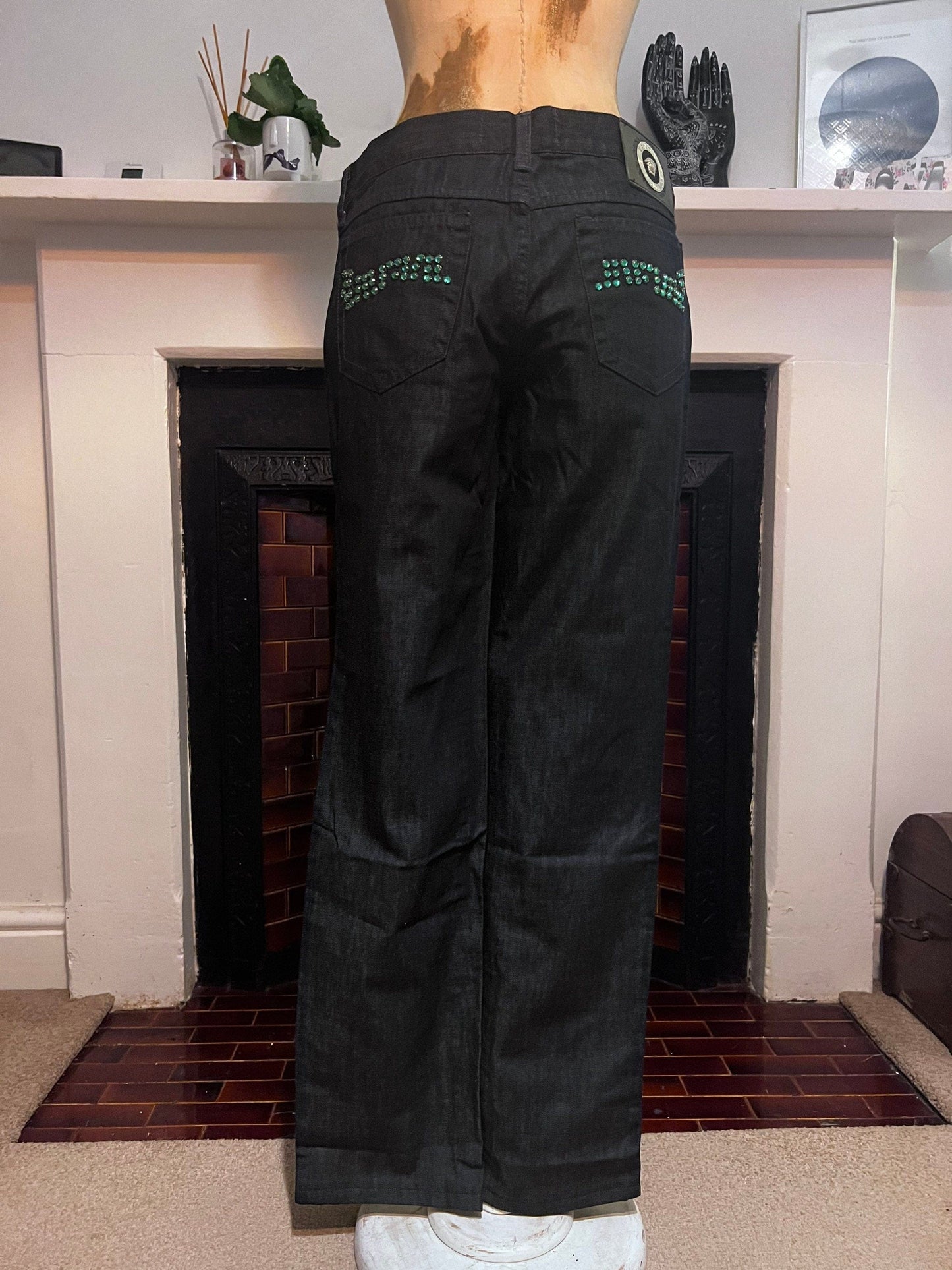 Vintage Versace Jeans Signature Couture Jeans in dark blue over-dye denim and turquoise green rhinestone to back pockets UK8-10 - Unworn