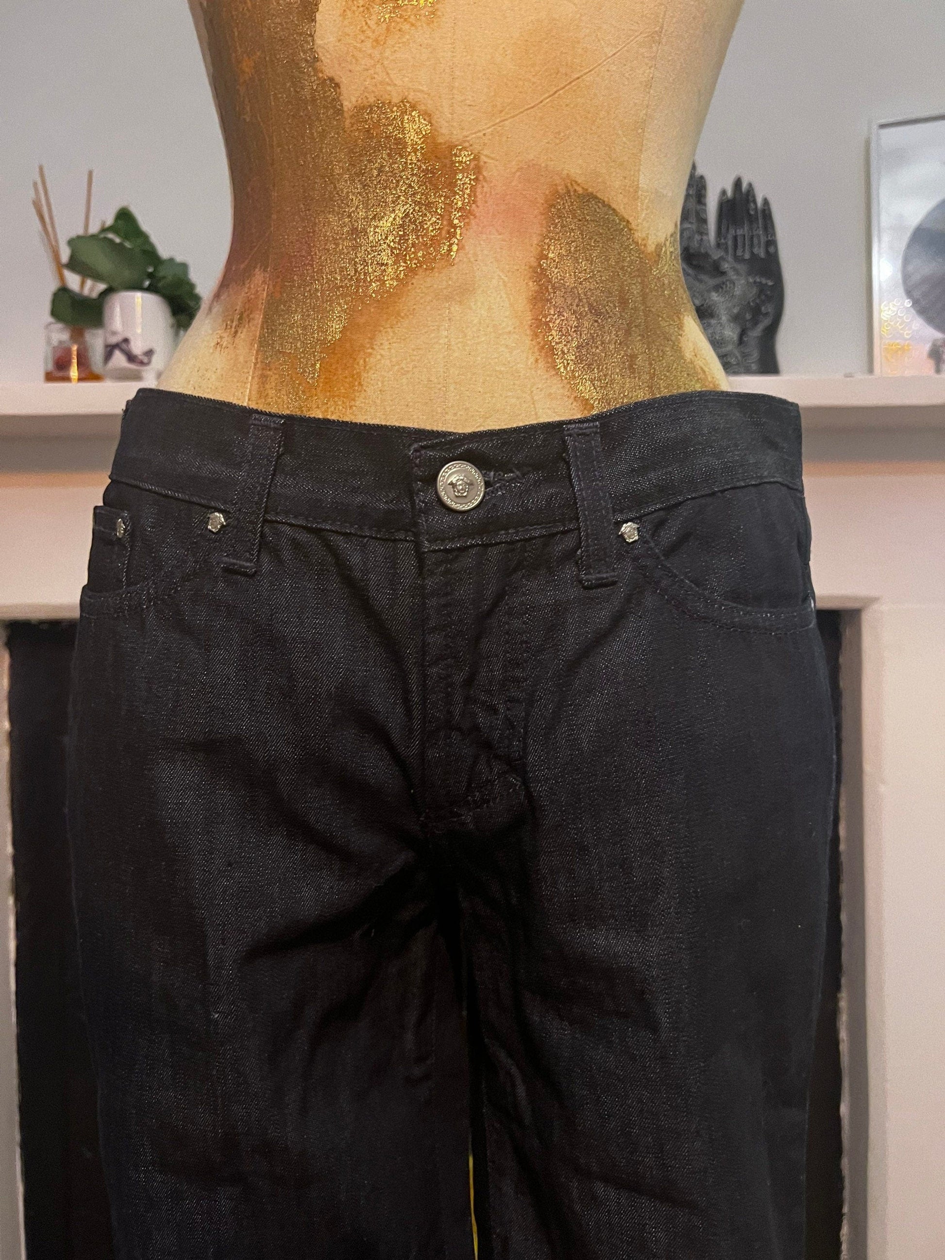 Vintage Versace Jeans Signature Couture Jeans in dark blue over-dye denim and turquoise green rhinestone to back pockets UK8-10 - Unworn