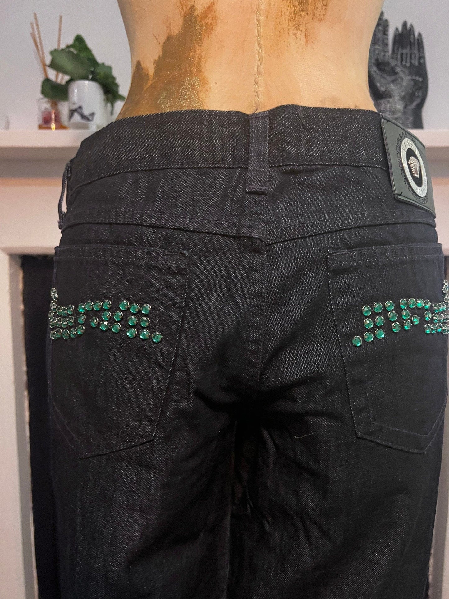 Vintage Versace Jeans Signature Couture Jeans in dark blue over-dye denim and turquoise green rhinestone to back pockets UK8-10 - Unworn