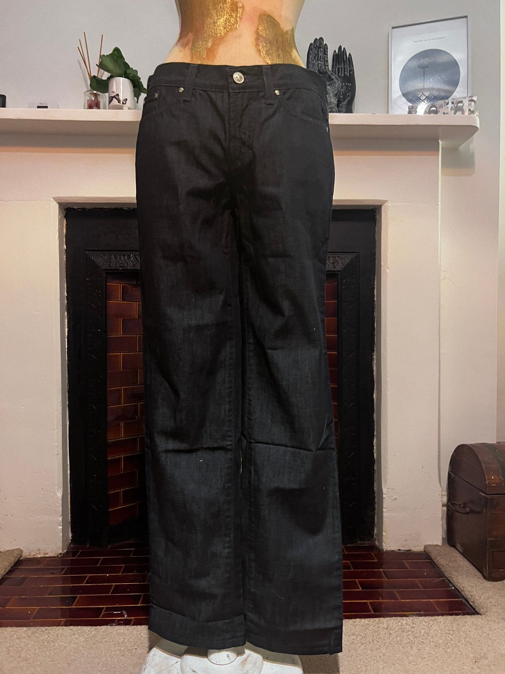 Vintage Versace Jeans Signature Couture Jeans in dark blue over-dye denim and turquoise green rhinestone to back pockets UK8-10 - Unworn