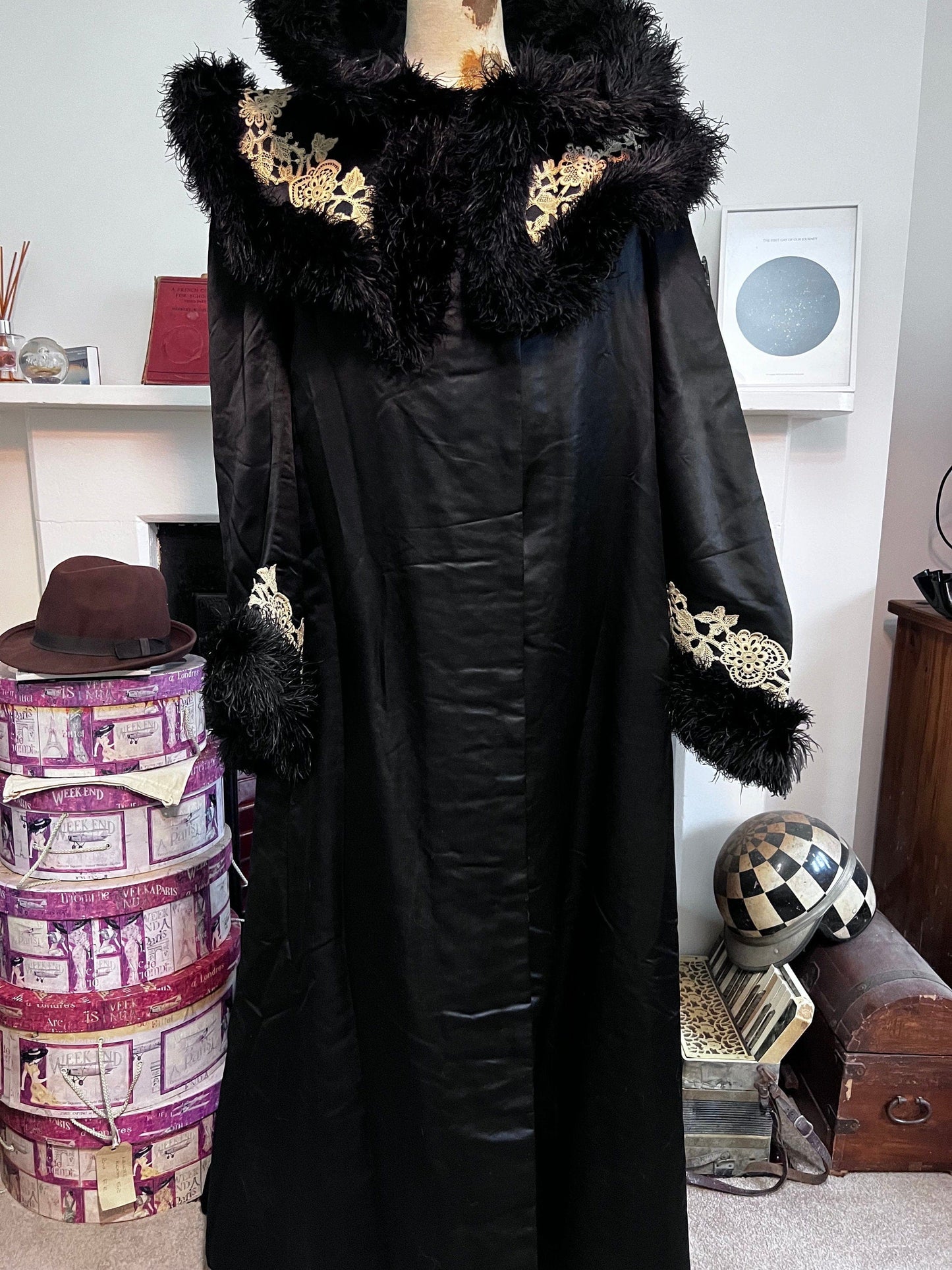 Vintage Victorian black silk opera coat Sleeved Cape, Vintage Cape, black silk lined with cream silk and silk lace details ostrich feathers