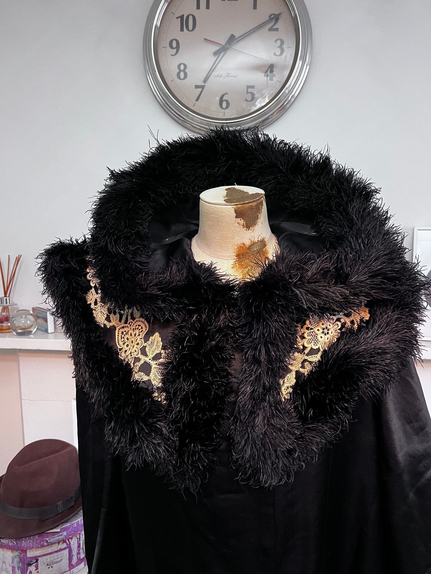 Vintage Victorian black silk opera coat Sleeved Cape, Vintage Cape, black silk lined with cream silk and silk lace details ostrich feathers