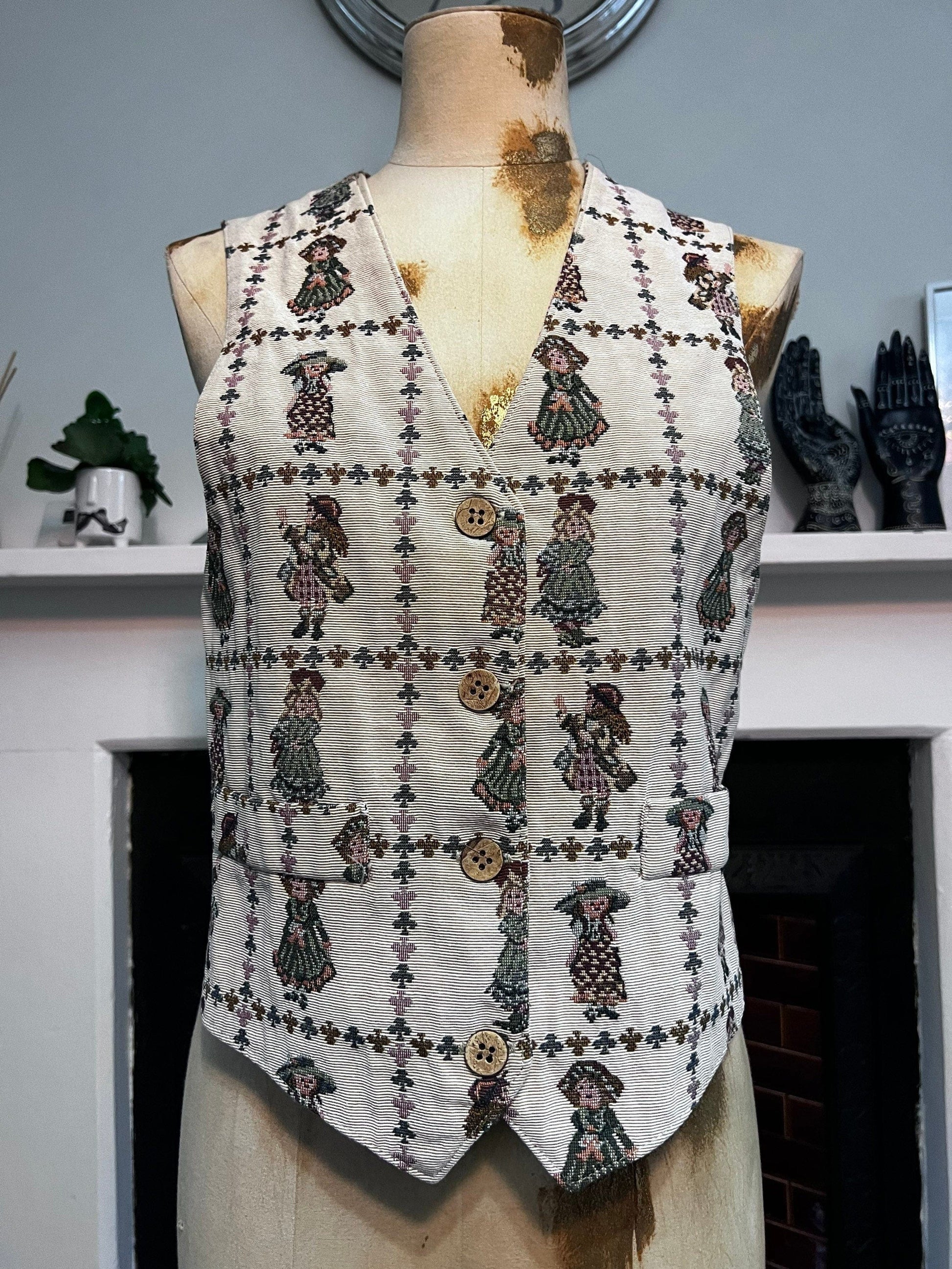 Vintage Embroidered Ladies Waistcoat Vest buttons and leaves UK Size 12 by Promod 1990s
