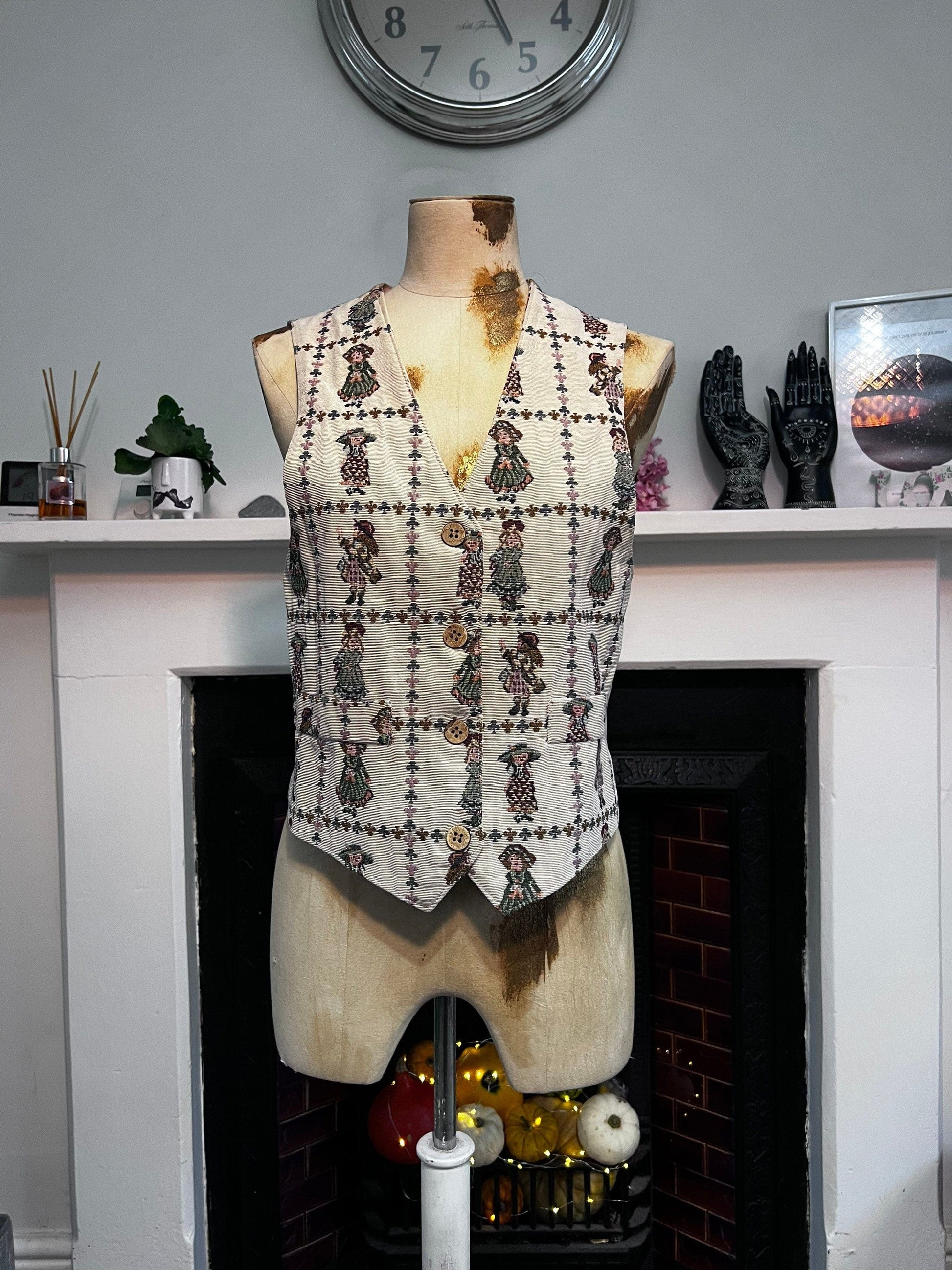 Vintage Embroidered Ladies Waistcoat Vest buttons and leaves UK Size 12 by Promod 1990s
