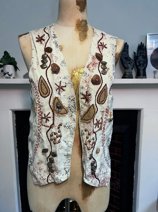 Vintage Linen Ladies Waistcoat Vest buttons and leaves UK Size 12-14 M-L by Cote a Cote Paris